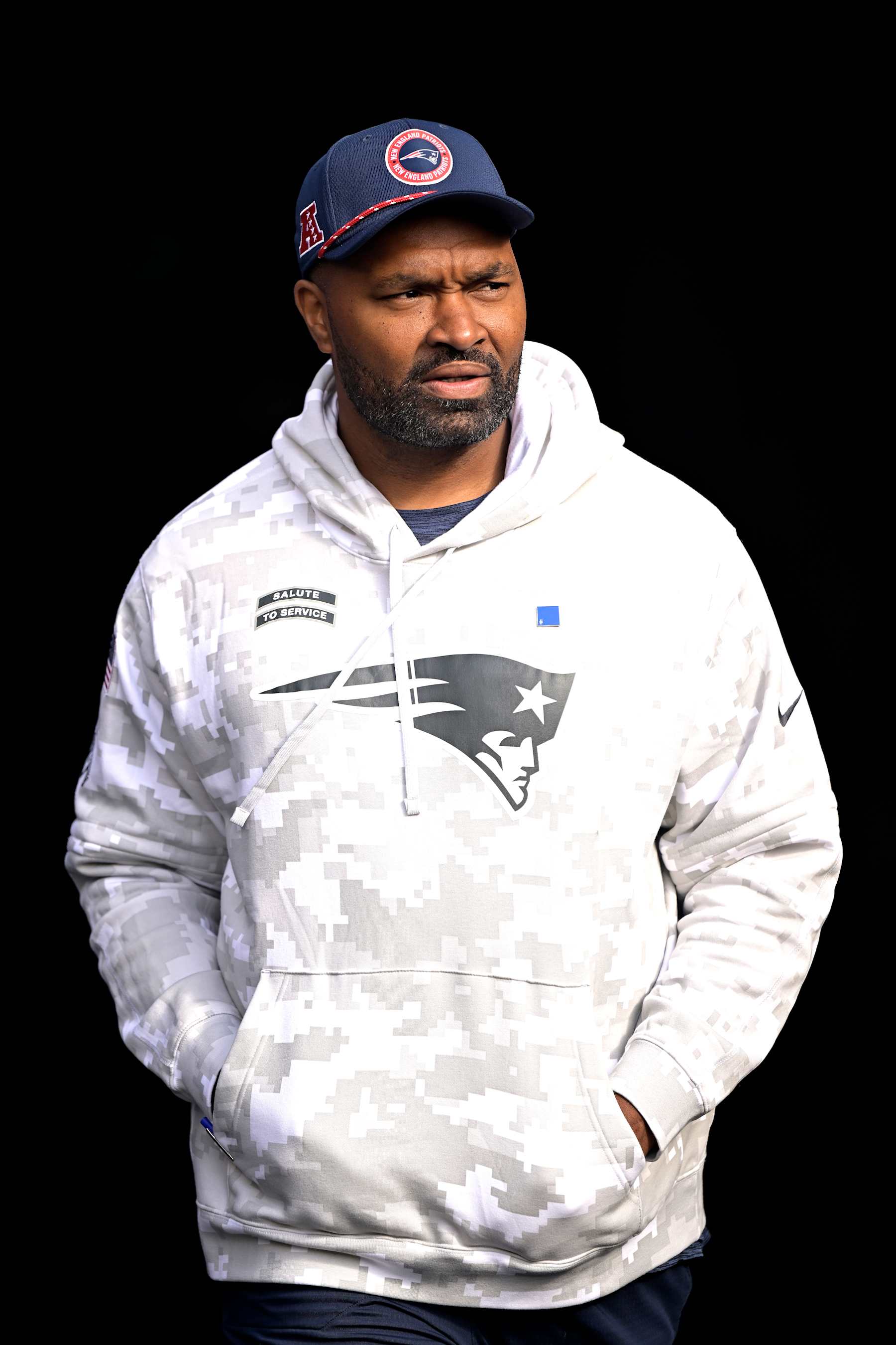 CHICAGO, ILLINOIS - NOVEMBER 10: Head coach Jerod Mayo of the New England Patriots looks on before the game against the Chicago Bears at Soldier Field on November 10, 2024 in Chicago, Illinois. (Photo by Quinn Harris/Getty Images)