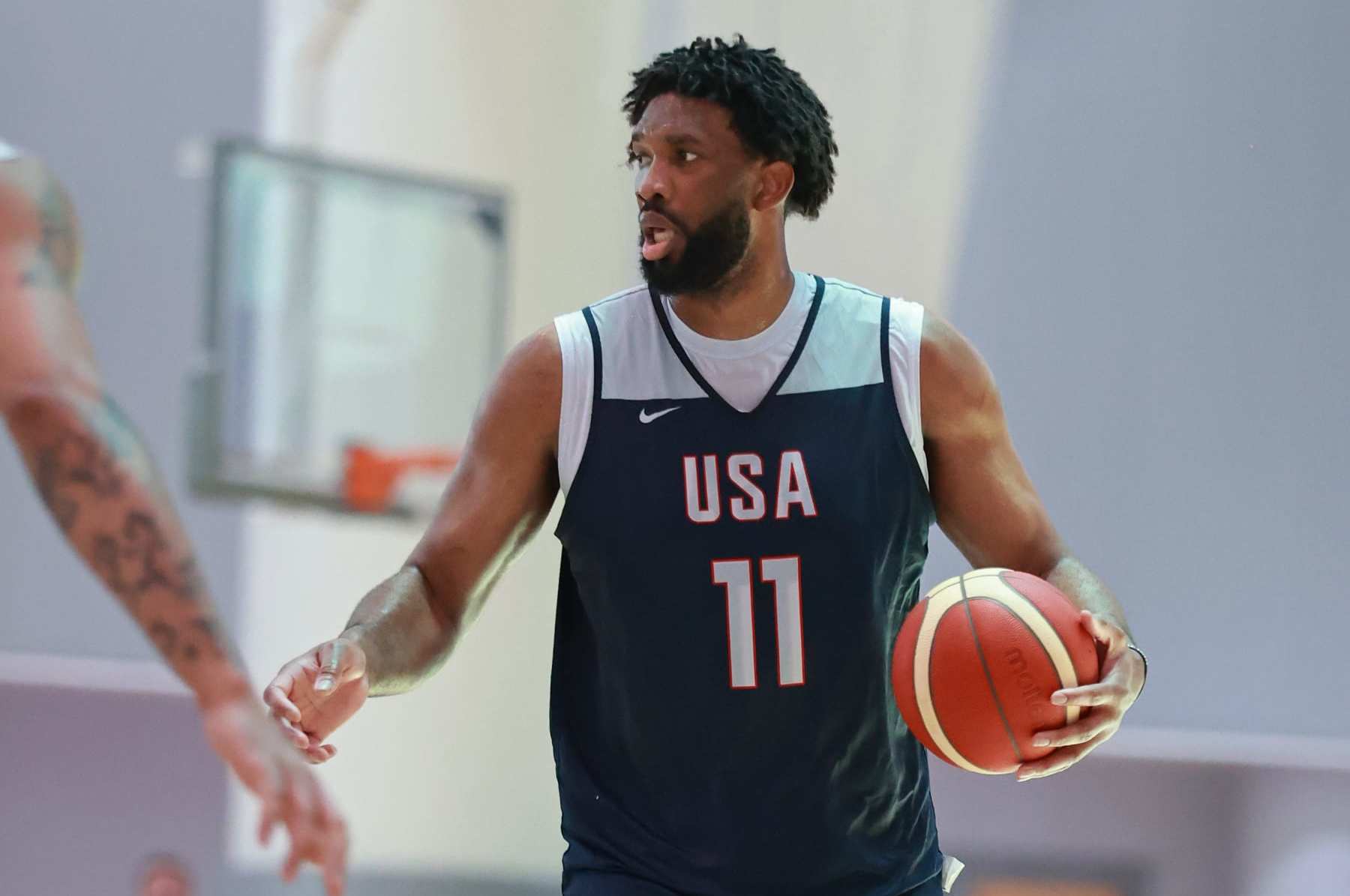 ABU DHABI, UAE - JULY 14: Joel Embiid of the Men's National Team dribbles the ball during practice on July 14, 2024 in Abu Dhabi, The United Arab Emirates at tNYU Abu Dhabi. NOTE TO USER: User expressly acknowledges and agrees that, by downloading and/or using this Photograph, user is consenting to the terms and conditions of the Getty Images License Agreement. Mandatory Copyright Notice: Copyright 2024 NBAE (Photo by Nathaniel S. Butler/NBAE via Getty Images)