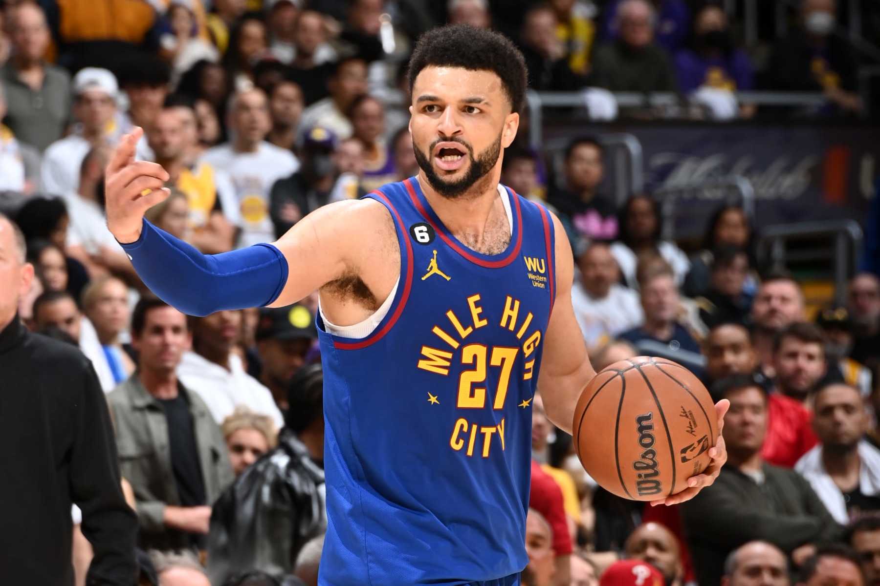 LOS ANGELES, CA - MAY 20: Jamal Murray #27 of the Denver Nuggets dribbles the ball during Game 3 of the 2023 NBA Playoffs Western Conference Finals on May 20, 2023 at Crypto.Com Arena in Los Angeles, California. NOTE TO USER: User expressly acknowledges and agrees that, by downloading and/or using this Photograph, user is consenting to the terms and conditions of the Getty Images License Agreement. Mandatory Copyright Notice: Copyright 2023 NBAE (Photo by Andrew D. Bernstein/NBAE via Getty Images)