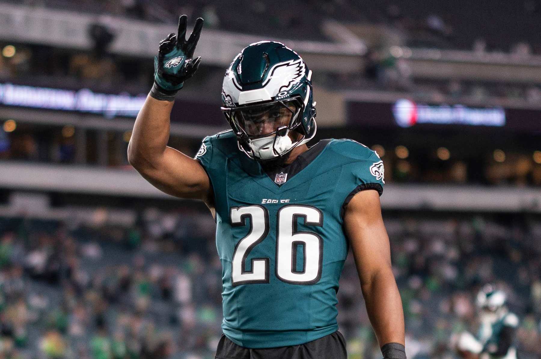 PHILADELPHIA, PENNSYLVANIA - SEPTEMBER 16: Saquon Barkley #26 of the Philadelphia Eagles reacts prior to an NFL football game between the Philadelphia Eagles and the Atlanta Falcons at Lincoln Financial Field on September 16, 2024 in Philadelphia, Pennsylvania. (Photo by Michael Owens/Getty Images)