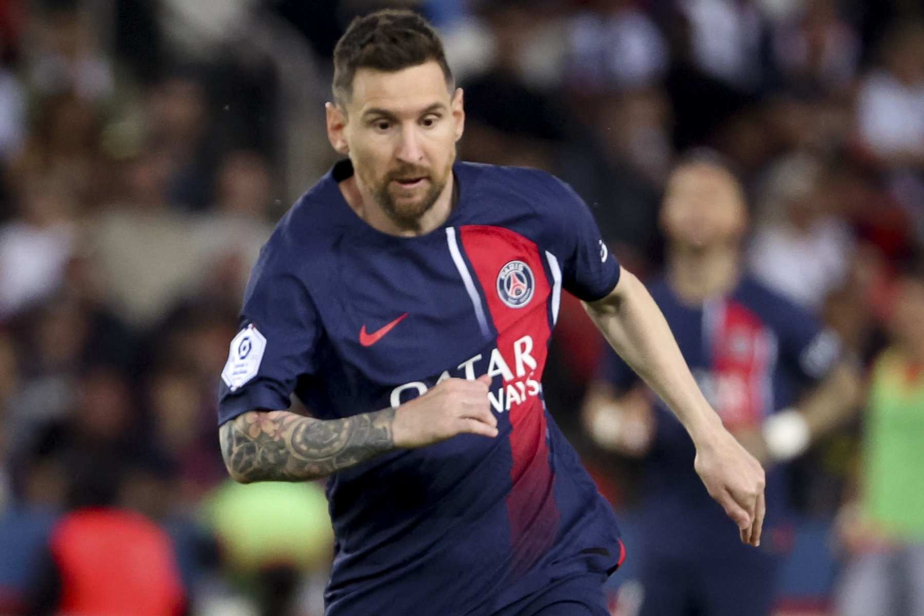 PARIS, FRANCE - JUNE 3: Lionel Messi of PSG in action during the Ligue 1 match between Paris Saint-Germain (PSG) and Clermont Foot 63 at Parc des Princes stadium on June 3, 2023 in Paris, France. (Photo by Jean Catuffe/Getty Images)