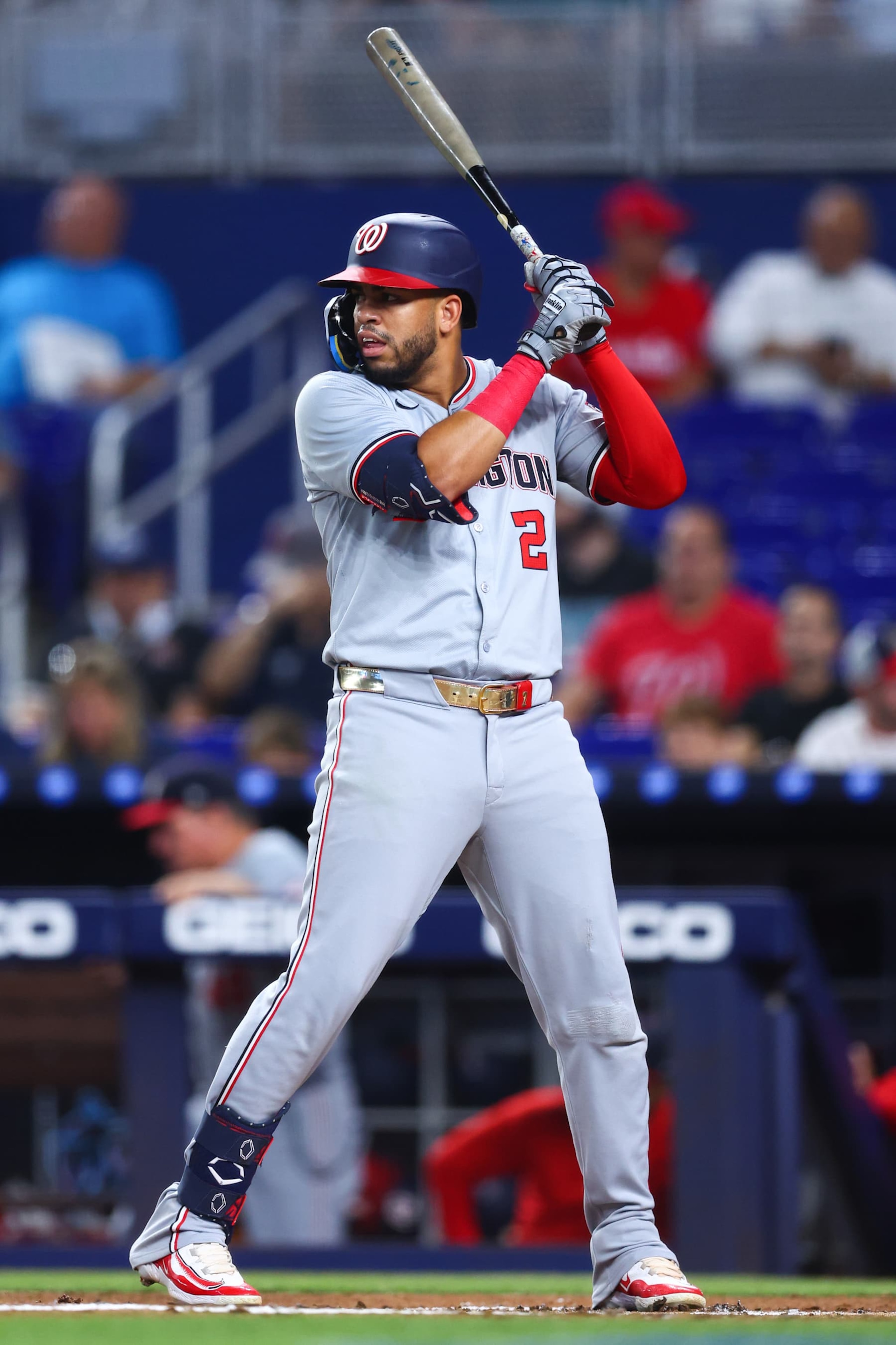 MIAMI, FLORIDA - SEPTEMBER 03: Luis García Jr. #2 of the Washington Nationals at bat against the Miami Marlins during the second inning of the game at loanDepot park on September 03, 2024 in Miami, Florida. (Photo by Megan Briggs/Getty Images) MIAMI, FLORIDA - SEPTEMBER 03: Luis García Jr. #2 of the Washington Nationals at bat against the Miami Marlins during the second inning of the game at loanDepot park on September 03, 2024 in Miami, Florida. (Photo by Megan Briggs/Getty Images)