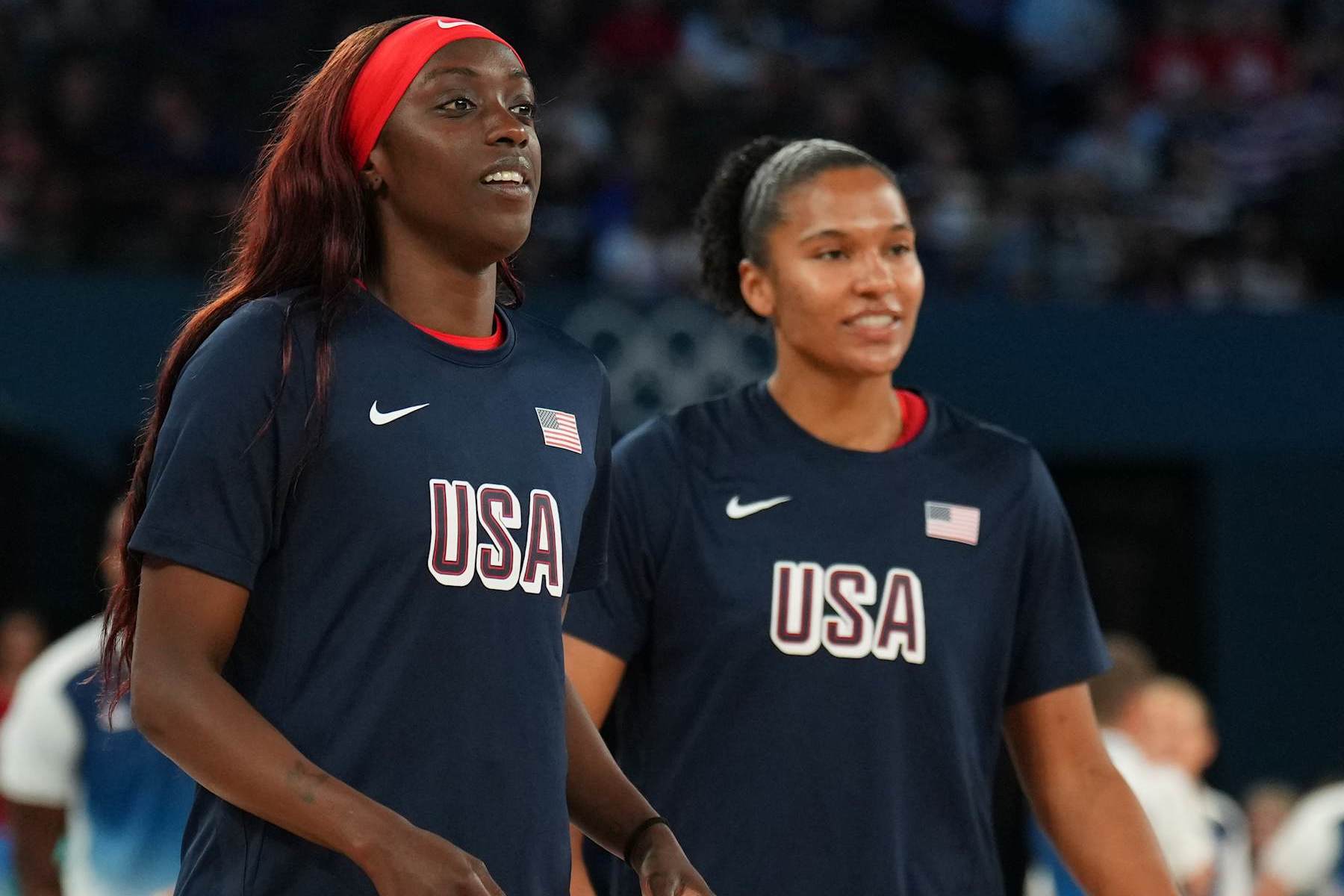 PARIS, FRANCE - AUGUST 11: Kahleah Copper #7 of the USA Women's National Team and Alyssa Thomas #14 of the USA Women's National Team look on during the Women's Gold Medal Game against Team France on August 11, 2024 at the AccorHotels Arena in Paris, France. NOTE TO USER: User expressly acknowledges and agrees that, by downloading and/or using this photograph, user is consenting to the terms and conditions of the Getty Images License Agreement. Mandatory Copyright Notice: Copyright 2024 NBAE (Photo by Jesse D. Garrabrant/NBAE via Getty Images)