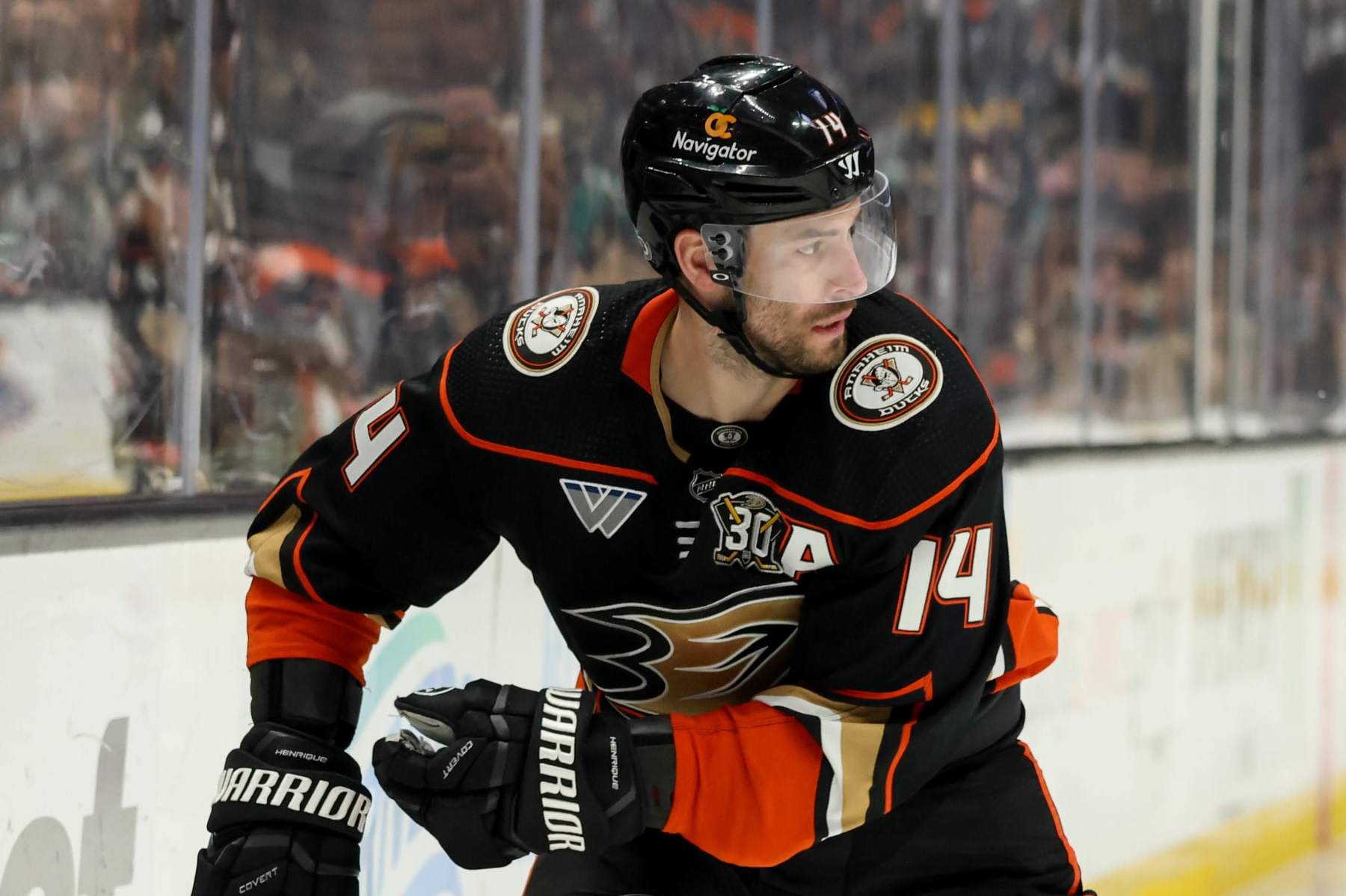 ANAHEIM, CA - JANUARY 31: Adam Henrique #14 of the Anaheim Ducks skates on the ice during the third period against the San Jose Sharks at Honda Center on January 31, 2024 in Anaheim, California. (Photo by Debora Robinson/NHLI via Getty Images)