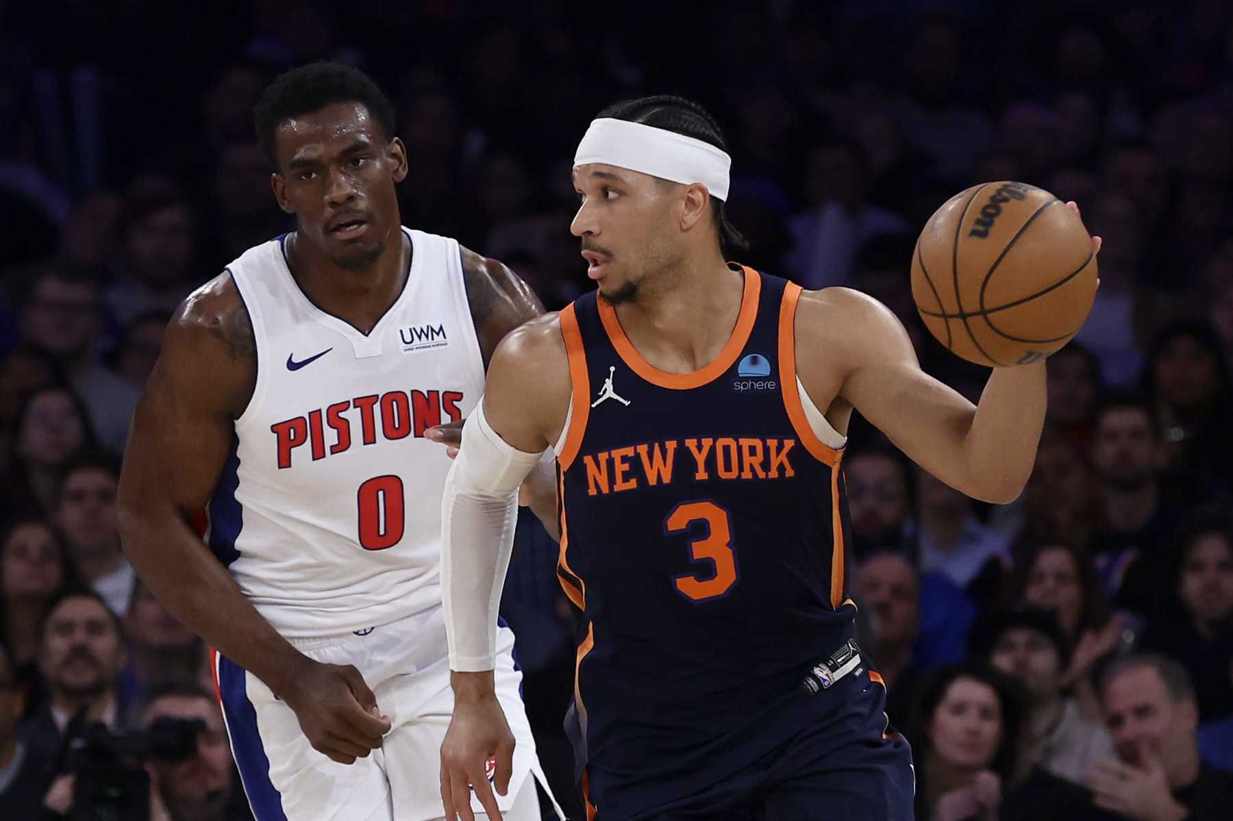 NEW YORK, NEW YORK - FEBRUARY 26: (NEW YORK DAILIES OUT) Josh Hart #3 of the New York Knicks in action against Jalen Duren #0 of the Detroit Pistons at Madison Square Garden on February 26, 2024 in New York City. The Knicks defeated the Pistons 113-111. NOTE TO USER: User expressly acknowledges and agrees that, by downloading and or using this photograph, User is consenting to the terms and conditions of the Getty Images License Agreement. (Photo by Jim McIsaac/Getty Images)