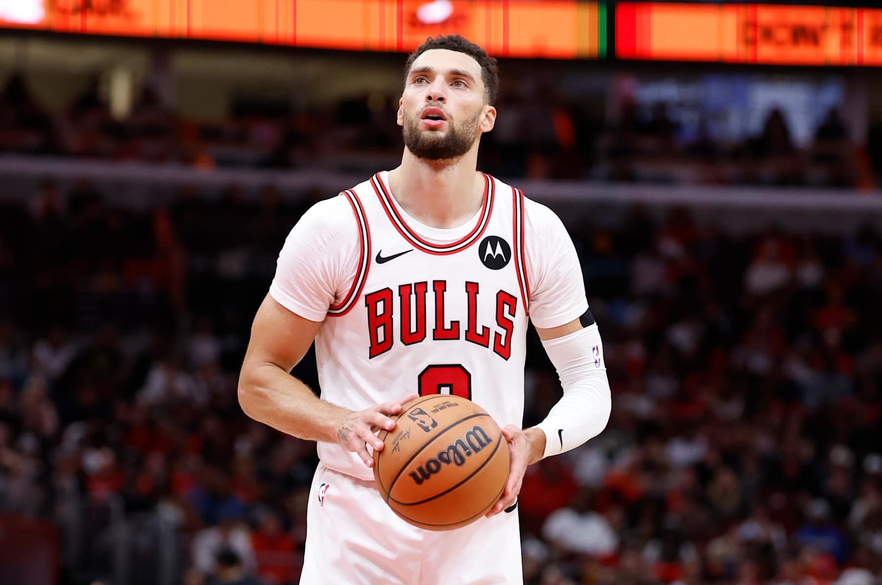 CHICAGO, IL - OCTOBER 30: Zach LaVine #8 of the Chicago Bulls shoots a free throw during the game against the Orlando Magic on October 30, 2024 at United Center in Chicago, Illinois. NOTE TO USER: User expressly acknowledges and agrees that, by downloading and or using this photograph, User is consenting to the terms and conditions of the Getty Images License Agreement. Mandatory Copyright Notice: Copyright 2024 NBAE (Photo by Kamil Krzaczynski/NBAE via Getty Images)