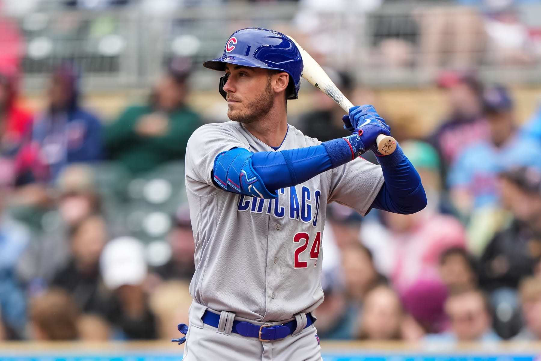 MINNEAPOLIS, MN - MAY 13: Cody Bellinger #24 of the Chicago Cubs bats against the Minnesota Twins on May 13, 2023 at Target Field in Minneapolis, Minnesota. (Photo by Brace Hemmelgarn/Minnesota Twins/Getty Images)