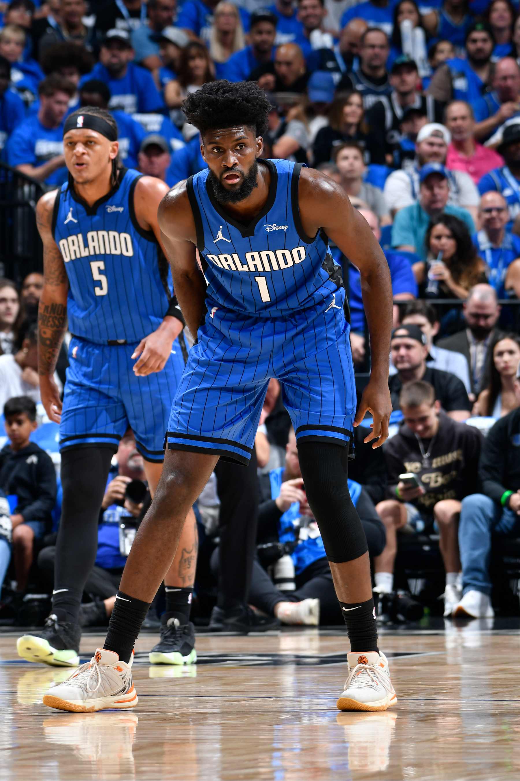 ORLANDO, FL - MAY 3: Jonathan Isaac #1 of the Orlando Magic looks on during the game against the Cleveland Cavaliers during Round 1 Game 6 of the 2024 NBA Playoffs on May 3, 2024 at Amway Center in Orlando, Florida. NOTE TO USER: User expressly acknowledges and agrees that, by downloading and or using this photograph, User is consenting to the terms and conditions of the Getty Images License Agreement. Mandatory Copyright Notice: Copyright 2024 NBAE (Photo by Fernando Medina/NBAE via Getty Images)