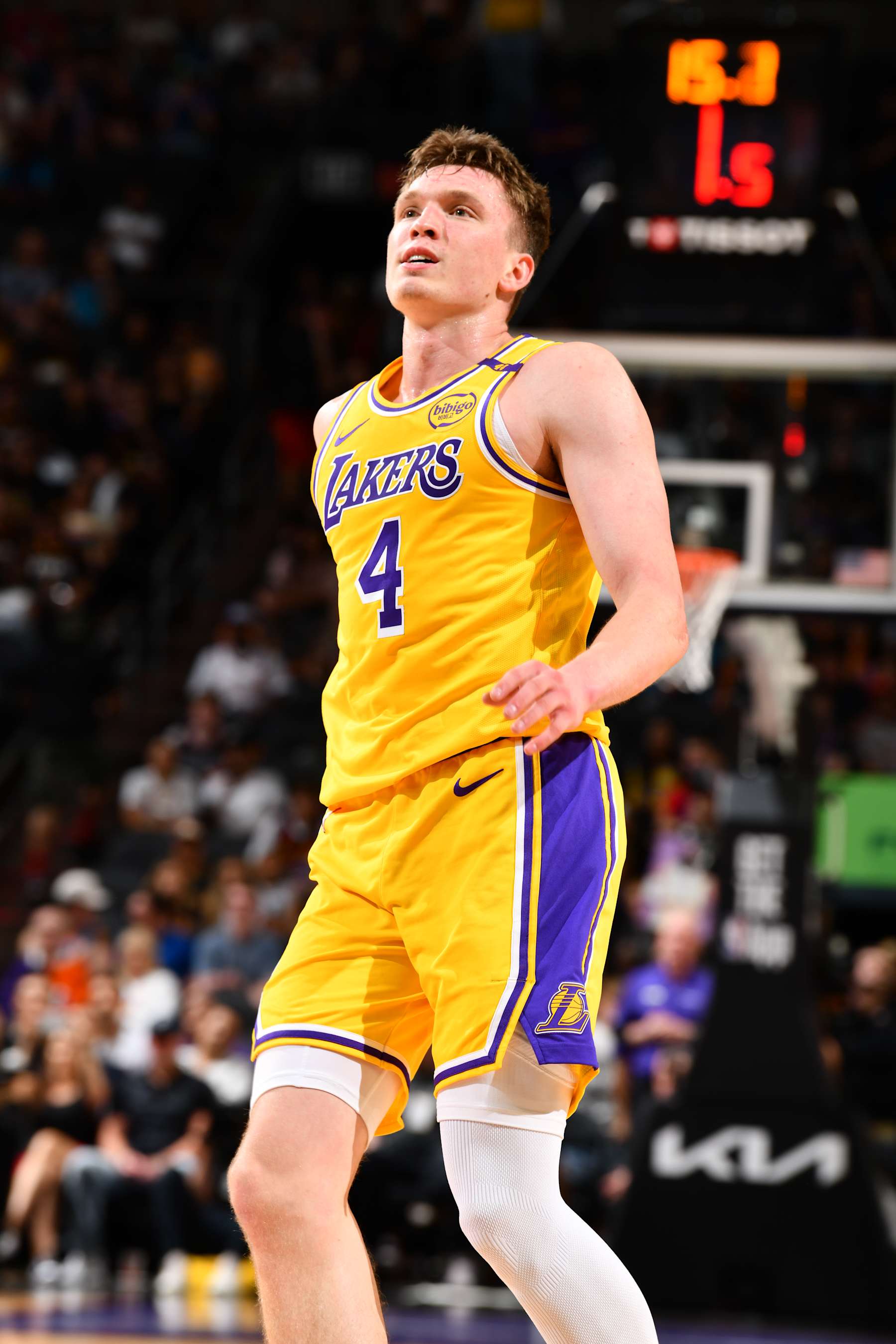 PHOENIX, AZ - OCTOBER 17: Dalton Knecht #4 of the Los Angeles Lakers looks on during the game against the Phoenix Suns during a NBA Preseason game on October 17, 2024 at Footprint Center in Phoenix, Arizona. NOTE TO USER: User expressly acknowledges and agrees that, by downloading and or using this photograph, user is consenting to the terms and conditions of the Getty Images License Agreement. Mandatory Copyright Notice: Copyright 2024 NBAE (Photo by Barry Gossage/NBAE via Getty Images)