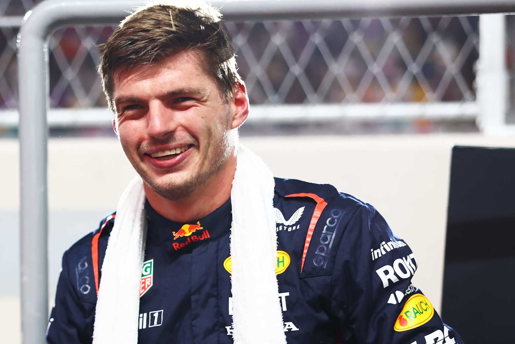 LUSAIL CITY, QATAR - OCTOBER 06: Pole position qualifier Max Verstappen of the Netherlands and Oracle Red Bull Racing celebrates in parc ferme during qualifying ahead of the F1 Grand Prix of Qatar at Lusail International Circuit on October 06, 2023 in Lusail City, Qatar. (Photo by Mark Thompson/Getty Images)