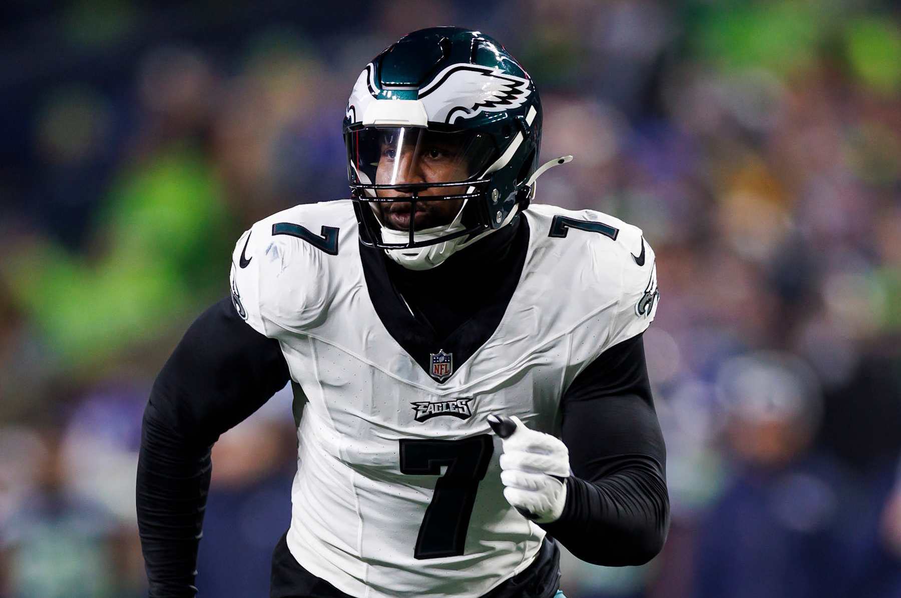 SEATTLE, WASHINGTON - DECEMBER 18: Haason Reddick #7 of the Philadelphia Eagles runs around the edge against the Seattle Seahawks at Lumen Field on December 18, 2023 in Seattle, Washington. (Photo by Ryan Kang/Getty Images)