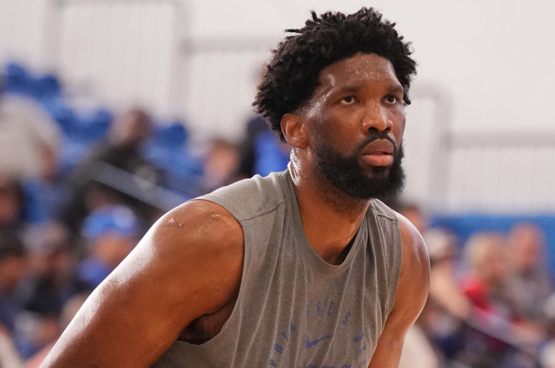 WILMINGTON, DE - OCTOBER 20: Joel Embiid #21 of the Philadelphia 76ers warms up during an open practice on October 20, 2024 at Chase Fieldhouse in Wilmington, Delaware. NOTE TO USER: User expressly acknowledges and agrees that, by downloading and/or using this Photograph, user is consenting to the terms and conditions of the Getty Images License Agreement. Mandatory Copyright Notice: Copyright 2024 NBAE (Photo byJesse D. Garrabranty/NBAE via Getty Images)