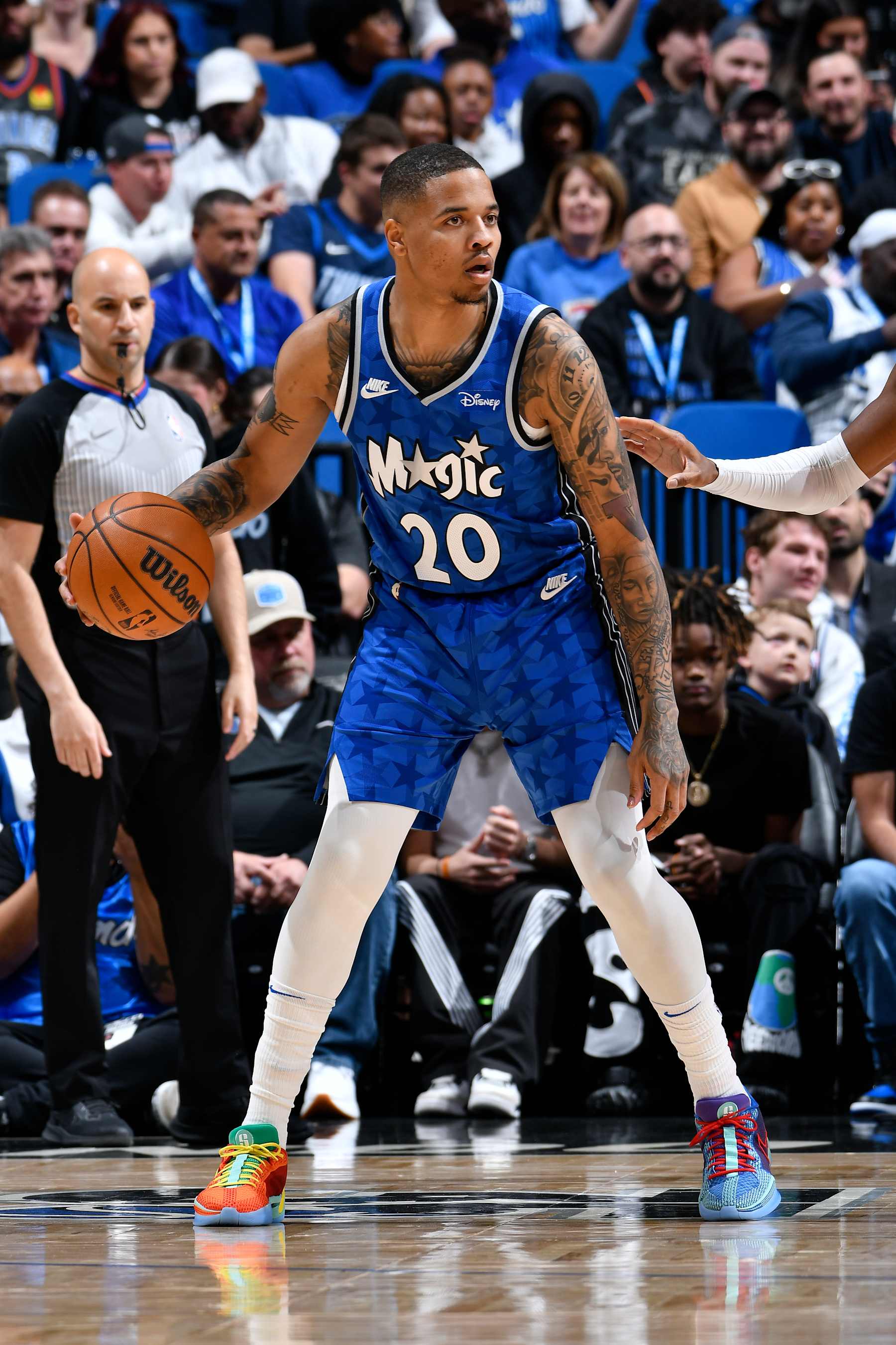 ORLANDO, FL - FEBRUARY 13: Markelle Fultz #20 of the Orlando Magic dribbles the ball during the game against the Oklahoma City Thunder on February 13, 2024 at the Kia Center in Orlando, Florida. NOTE TO USER: User expressly acknowledges and agrees that, by downloading and or using this photograph, User is consenting to the terms and conditions of the Getty Images License Agreement. Mandatory Copyright Notice: Copyright 2024 NBAE (Photo by Fernando Medina/NBAE via Getty Images)