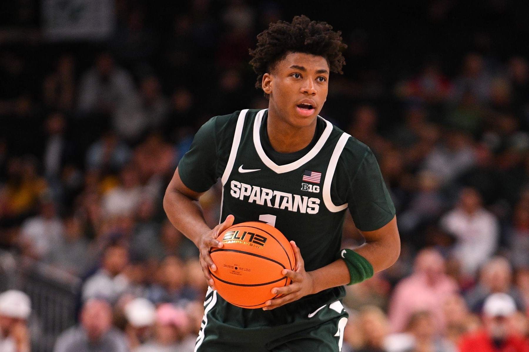 PALM DESERT, CA - NOVEMBER 23: Michigan State Spartans guard Jeremy Fears Jr. (1) dribbles up the court during the Acrisure Invitational, a college basketball game, between the Arizona Wildcats and the Michigan State Spartans on November 23, 2023 at Acrisure Arena in Palm Springs, CA. (Photo by Brian Rothmuller/Icon Sportswire via Getty Images)