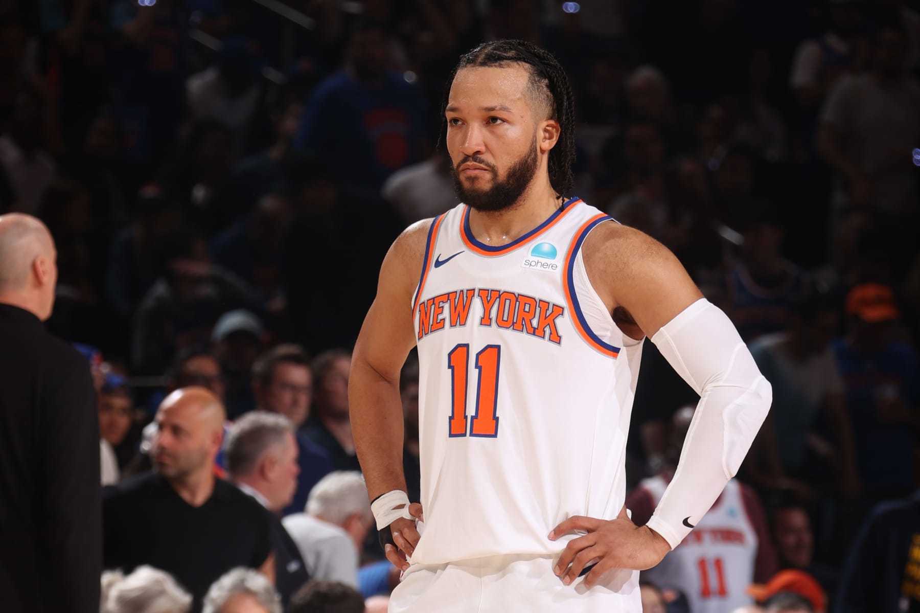 NEW YORK, NY - MAY 19: Jalen Brunson #11 of the New York Knicks looks on during the game against the Indiana Pacers during Round 2 Game 7 of the 2024 NBA Playoffs on May 19, 2024 at Madison Square Garden in New York City, New York. NOTE TO USER: User expressly acknowledges and agrees that, by downloading and or using this photograph, User is consenting to the terms and conditions of the Getty Images License Agreement. Mandatory Copyright Notice: Copyright 2024 NBAE (Photo by Nathaniel S. Butler/NBAE via Getty Images)