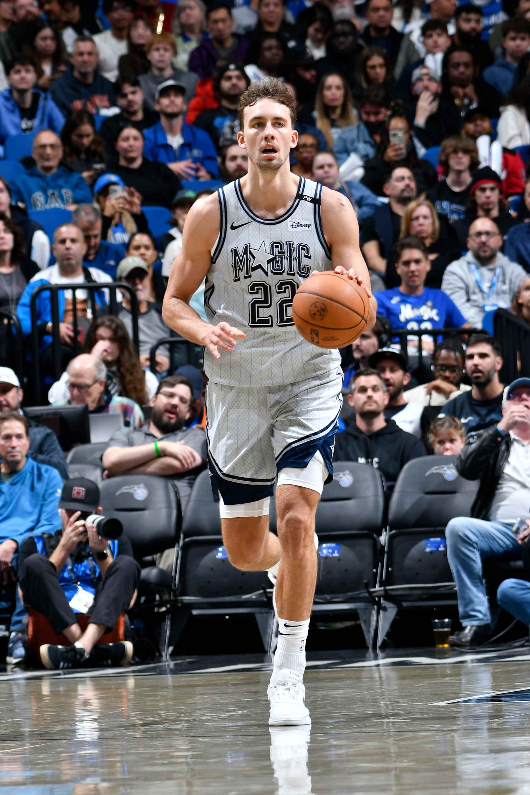 ORLANDO, FL - NOVEMBER 23: Franz Wagner #22 of the Orlando Magic dribbles the ball during the game against the Detroit Pistons on November 23, 2024 at Kia Center in Orlando, Florida. NOTE TO USER: User expressly acknowledges and agrees that, by downloading and or using this photograph, User is consenting to the terms and conditions of the Getty Images License Agreement. Mandatory Copyright Notice: Copyright 2024 NBAE (Photo by Fernando Medina/NBAE via Getty Images)
