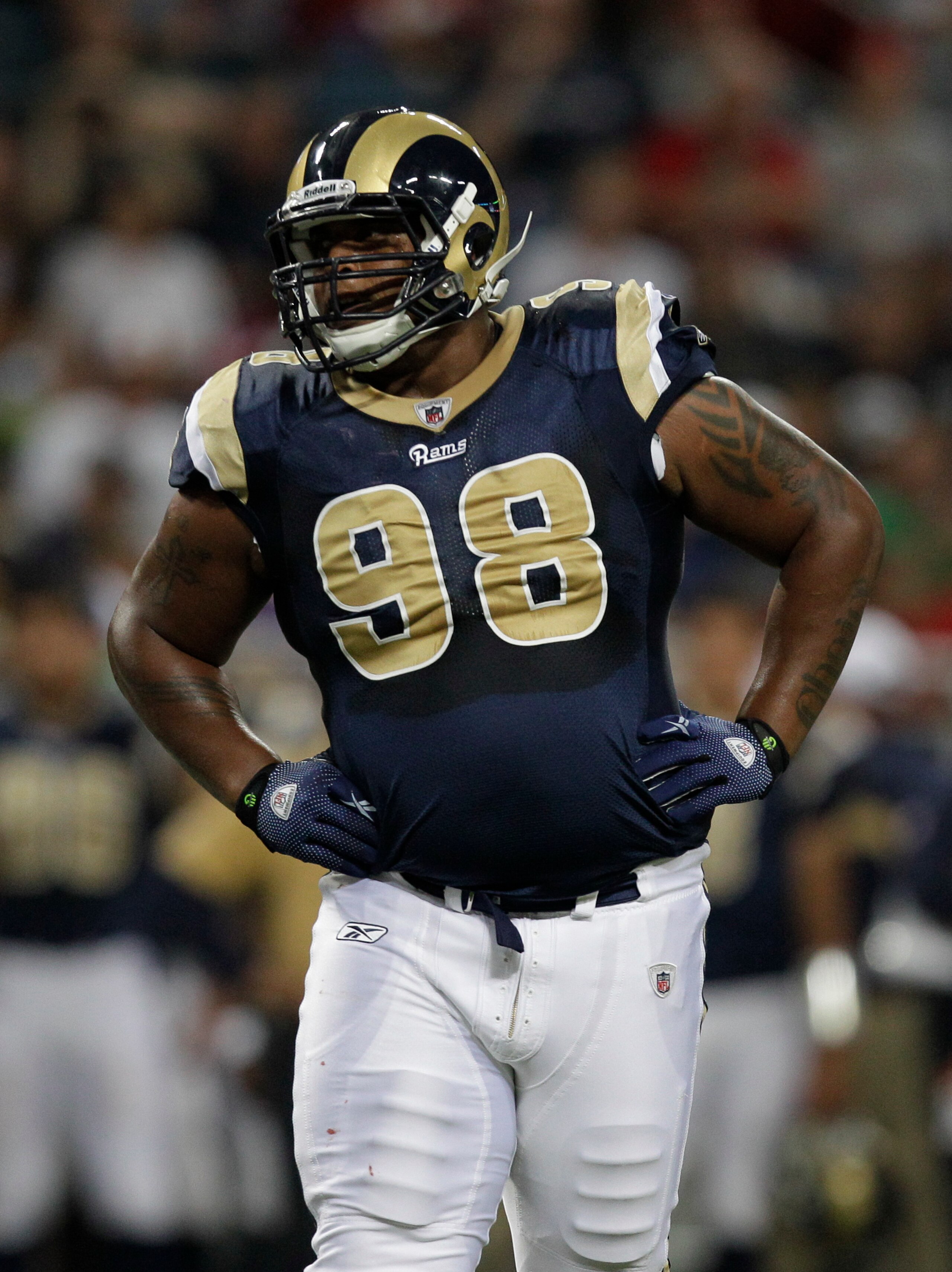 St. Louis Rams defensive tackle Fred Robbins is seen during the first quarter of a preseason NFL football game against the Minnesota Vikings Saturday, Aug. 14, 2010, in St Louis. (AP Photo/Jeff Roberson)