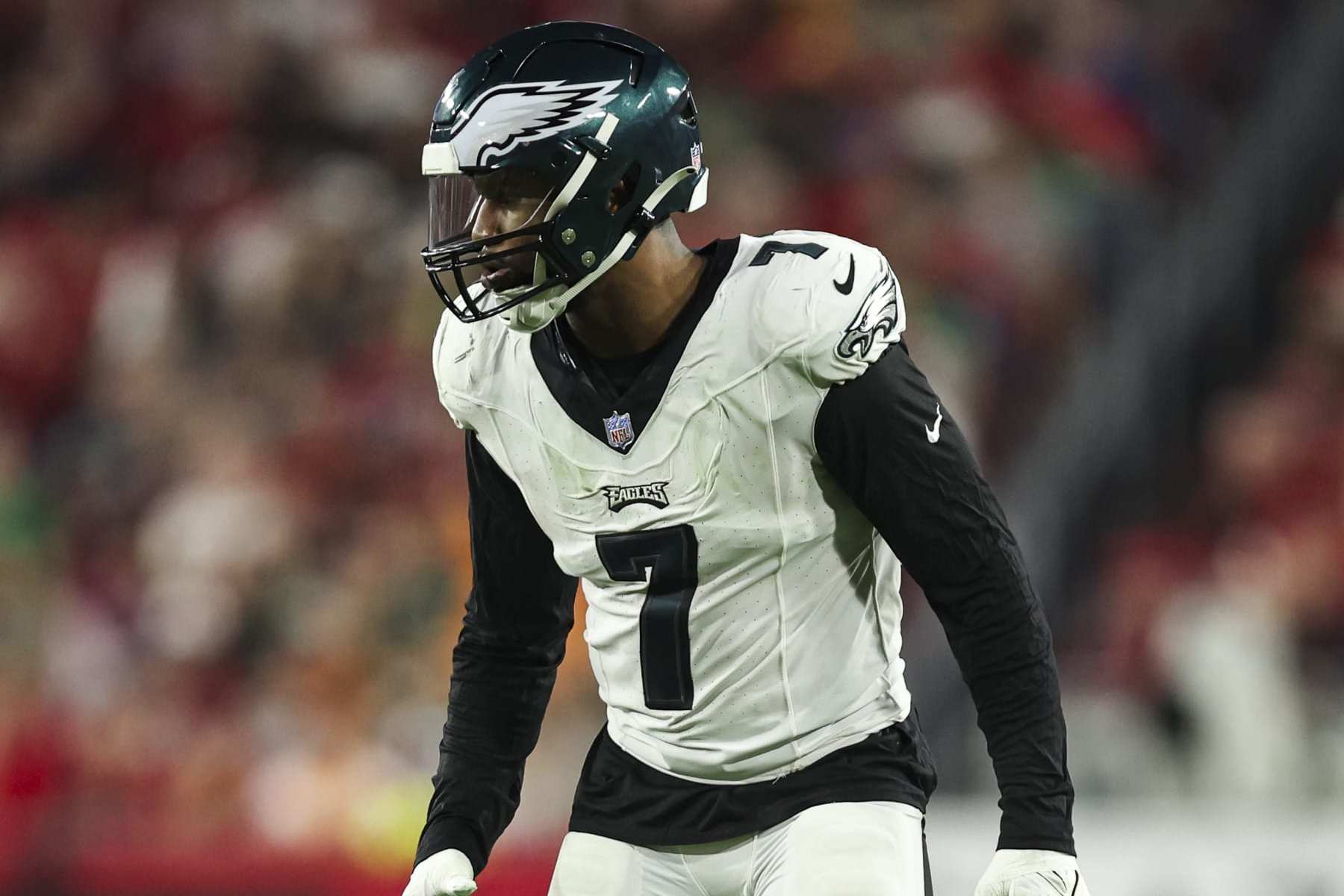 TAMPA, FL - JANUARY 15: Haason Reddick #7 of the Philadelphia Eagles looks on from the field during an NFL Wild Card playoff football game against the Tampa Bay Buccaneers at Raymond James Stadium on January 15, 2024 in Tampa, Florida. (Photo by Perry Knotts/Getty Images)