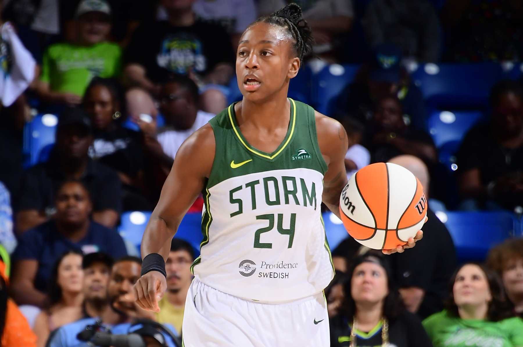 ARLINGTON, TX -  SEPTEMBER 8: Jewell Loyd #24 of the Seattle Storm dribbles the ball during the game against the Dallas Wings on September 8, 2023 at the College Park Center in Arlington, TX. NOTE TO USER: User expressly acknowledges and agrees that, by downloading and or using this photograph, User is consenting to the terms and conditions of the Getty Images License Agreement. Mandatory Copyright Notice: Copyright 2023 NBAE (Photo by Michael Gonzales/NBAE via Getty Images)