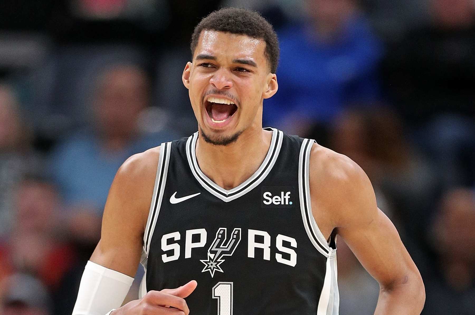 MEMPHIS, TENNESSEE - JANUARY 02: Victor Wembanyama #1 of the San Antonio Spurs reacts during the game against the Memphis Grizzlies at FedExForum on January 02, 2024 in Memphis, Tennessee. NOTE TO USER: User expressly acknowledges and agrees that, by downloading and or using this photograph, User is consenting to the terms and conditions of the Getty Images License Agreement. (Photo by Justin Ford/Getty Images)