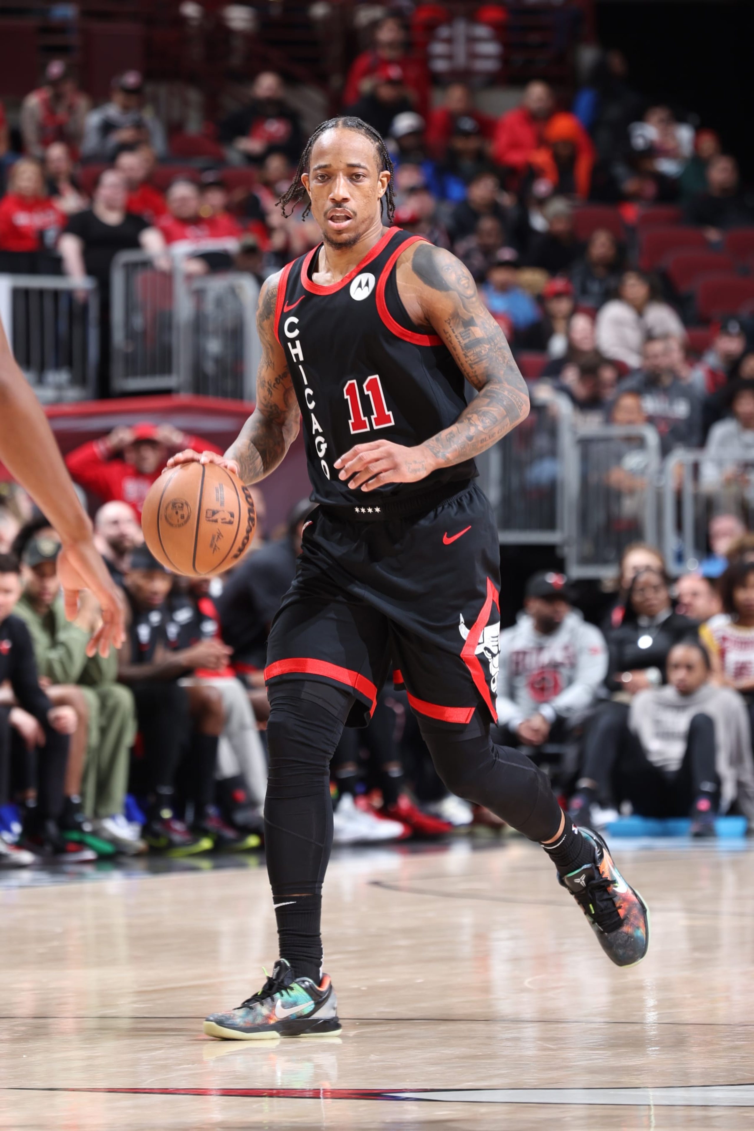 CHICAGO, IL - APRIL 1: DeMar DeRozan #11 of the Chicago Bulls dribbles the ball during the game against the Atlanta Hawks on April 1, 2024 at United Center in Chicago, Illinois. NOTE TO USER: User expressly acknowledges and agrees that, by downloading and or using this photograph, User is consenting to the terms and conditions of the Getty Images License Agreement. Mandatory Copyright Notice: Copyright 2024 NBAE (Photo by Jeff Haynes/NBAE via Getty Images)