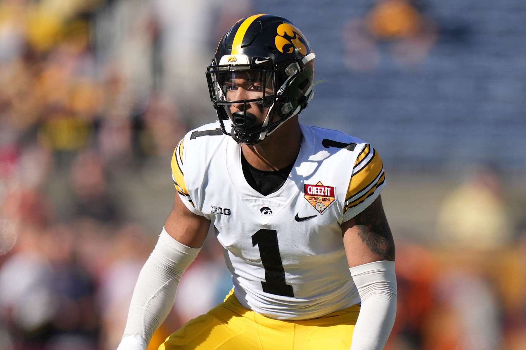 ORLANDO, FL - JANUARY 01: Iowa Hawkeyes defensive back Xavier Nwankpa (1)defends in the secondary during the 2024 Cheez-It Citrus Bowl between Iowa Hawkeyes and the Tennessee Volunteers on Monday, January 1, 2024 at Camping World Stadium, Orlando, Fla. (Photo by Peter Joneleit/Icon Sportswire via Getty Images)