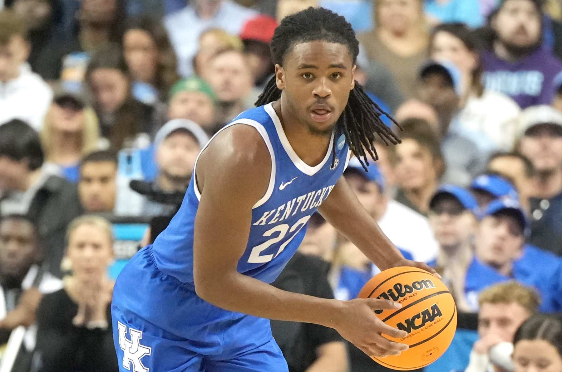 GREENSBORO, NORTH CAROLINA - MARCH 19: Cason Wallace #22 of the Kentucky Wildcats dribbles up court during the second round of the 2023 NCAA Men's Basketball Tournament game against the Kansas State Wildcats at Greensboro Coliseum on March 19, 2023 in Greensboro, North Carolina. (Photo by Mitchell Layton/Getty Images) GREENSBORO, NORTH CAROLINA - MARCH 19: Cason Wallace #22 of the Kentucky Wildcats dribbles up court during the second round of the 2023 NCAA Men's Basketball Tournament game against the Kansas State Wildcats at Greensboro Coliseum on March 19, 2023 in Greensboro, North Carolina. (Photo by Mitchell Layton/Getty Images)