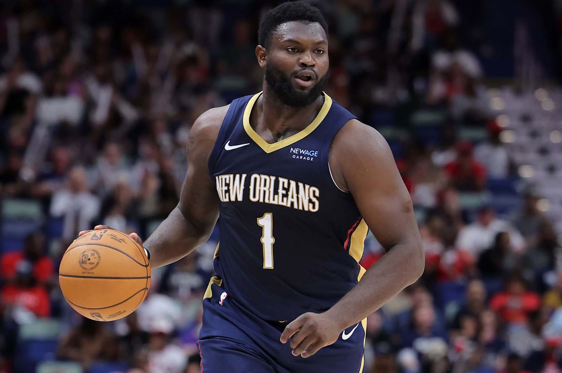 NEW ORLEANS, LOUISIANA - NOVEMBER 06: Zion Williamson #1 of the New Orleans Pelicans drives with the ball against the Cleveland Cavaliers during the first half at the Smoothie King Center on November 06, 2024 in New Orleans, Louisiana. NOTE TO USER: User expressly acknowledges and agrees that, by downloading and or using this Photograph, user is consenting to the terms and conditions of the Getty Images License Agreement. (Photo by Jonathan Bachman/Getty Images)