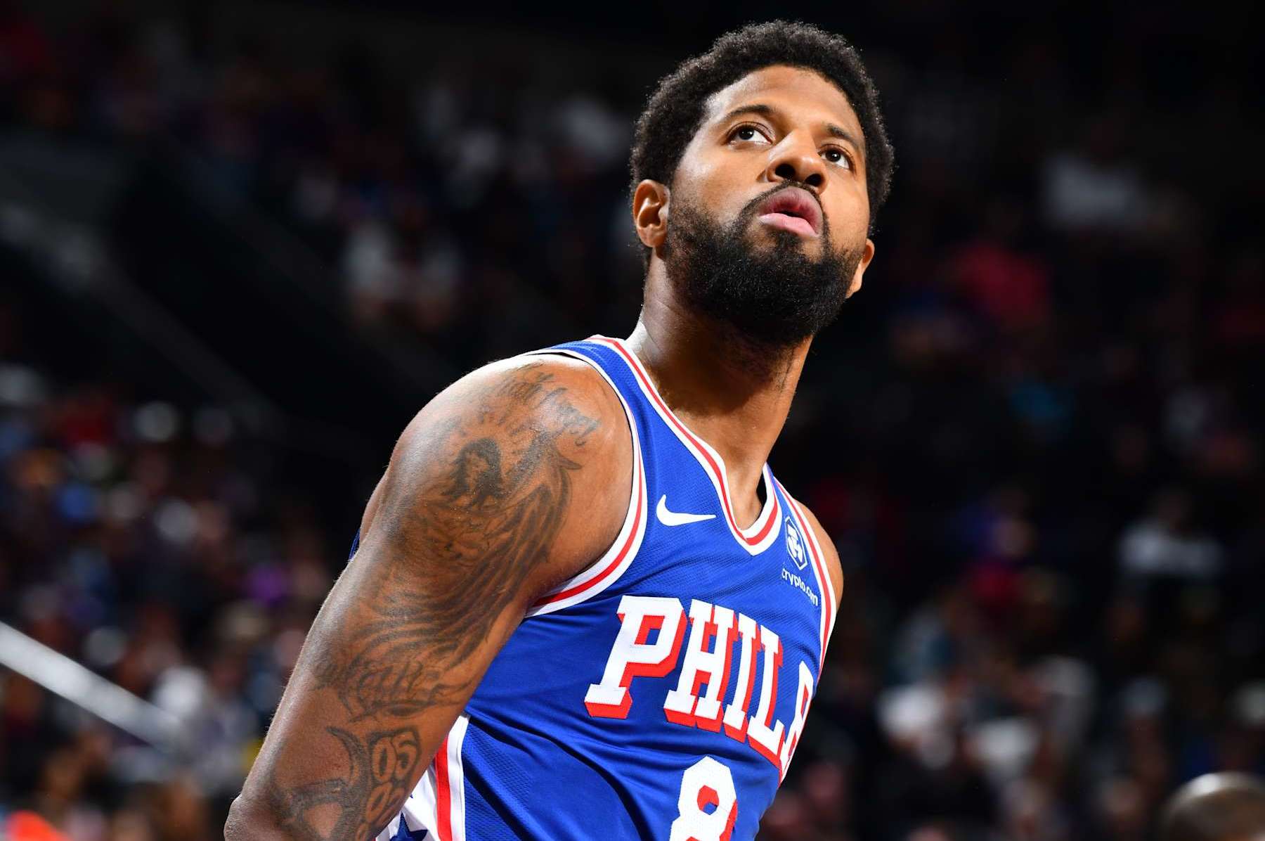 PHOENIX, AZ - NOVEMBER 4: Paul George #8 of the Philadelphia 76ers looks on during the game against the Phoenix Suns on November 4, 2024 at Footprint Center in Phoenix, Arizona. NOTE TO USER: User expressly acknowledges and agrees that, by downloading and or using this photograph, user is consenting to the terms and conditions of the Getty Images License Agreement. Mandatory Copyright Notice: Copyright 2024 NBAE (Photo by Barry Gossage/NBAE via Getty Images)