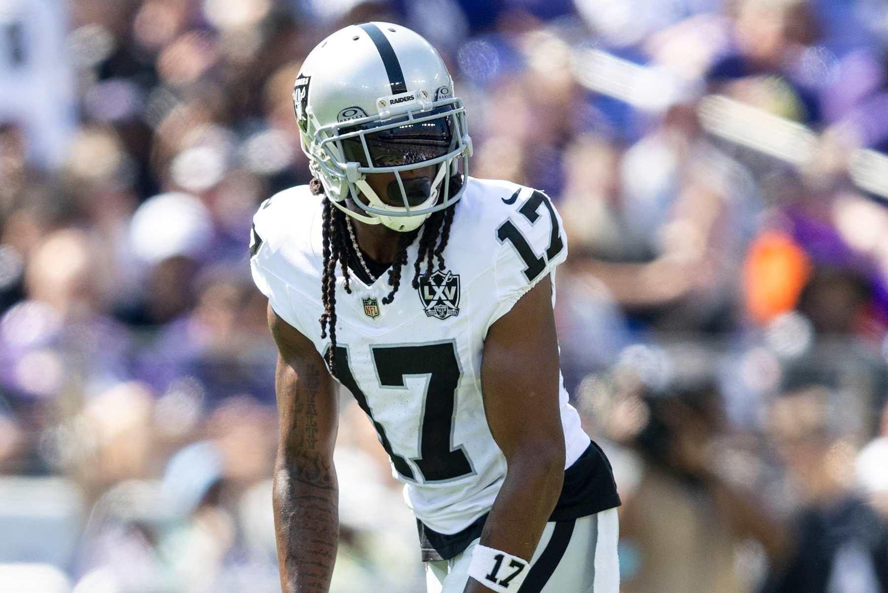 BALTIMORE, MARYLAND - SEPTEMBER 15: Davante Adams #17 of the Las Vegas Raiders lines up during an NFL football game between the Baltimore Ravens and the Las Vegas Raiders at M&T Bank Stadium on September 15, 2024 in Baltimore, Maryland. (Photo by Michael Owens/Getty Images)