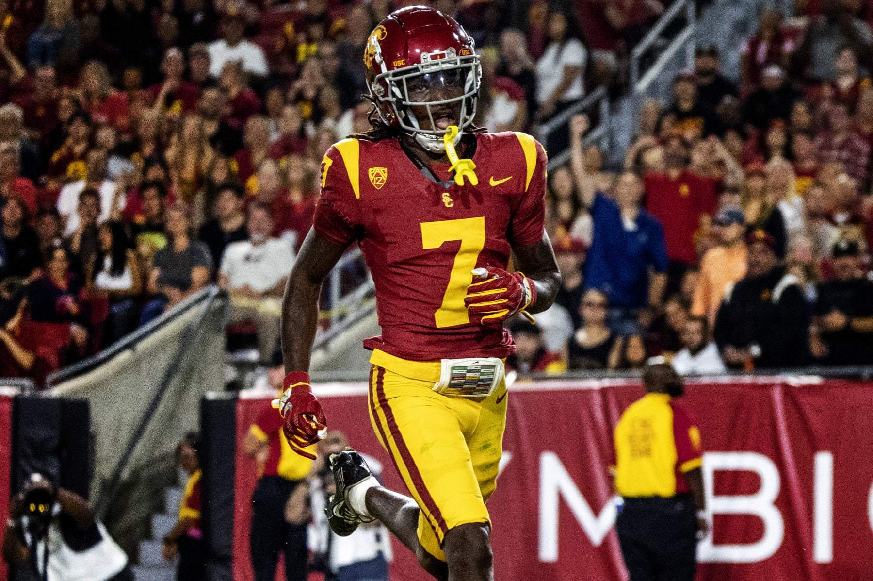 LOS ANGELES, CA  - OCTOBER 7, 2023: USC Trojans safety Calen Bullock (7) chases an Arizona Wildcats player into the end zone  at the LA Memorial Coliseum on October 7, 2023 in Los Angeles, California.(Gina Ferazzi / Los Angeles Times via Getty Images)