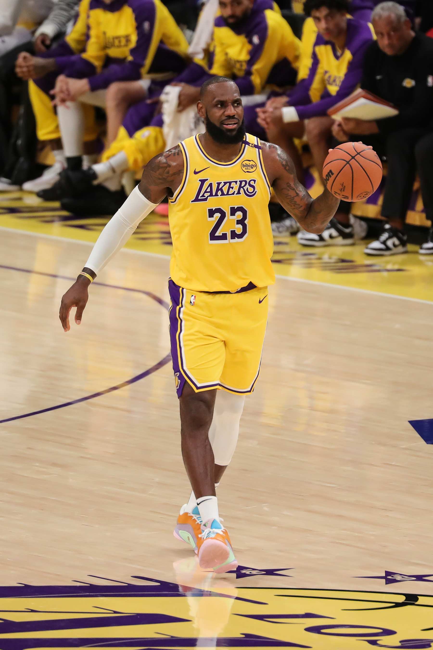 LOS ANGELES, CA - OCTOBER 22: Los Angeles Lakers forward LeBron James (23) comes down court during the Minnesota Timberwolves vs Los Angeles Lakers game on October 22, 2024, at Crypto.com Arena in Los Angeles, CA. (Photo by Jevone Moore/Icon Sportswire via Getty Images)