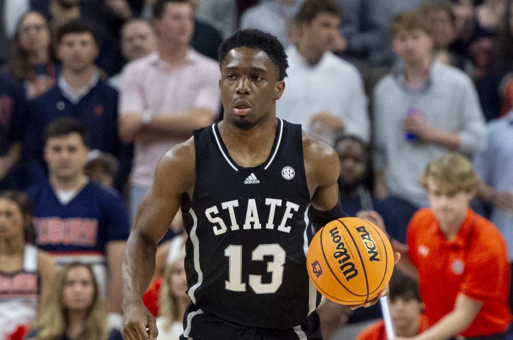 AUBURN, ALABAMA - MARCH 02: Josh Hubbard #13 of the Mississippi State Bulldogs during their game against the Auburn Tigers at Neville Arena on March 02, 2024 in Auburn, Alabama. (Photo by Michael Chang/Getty Images)