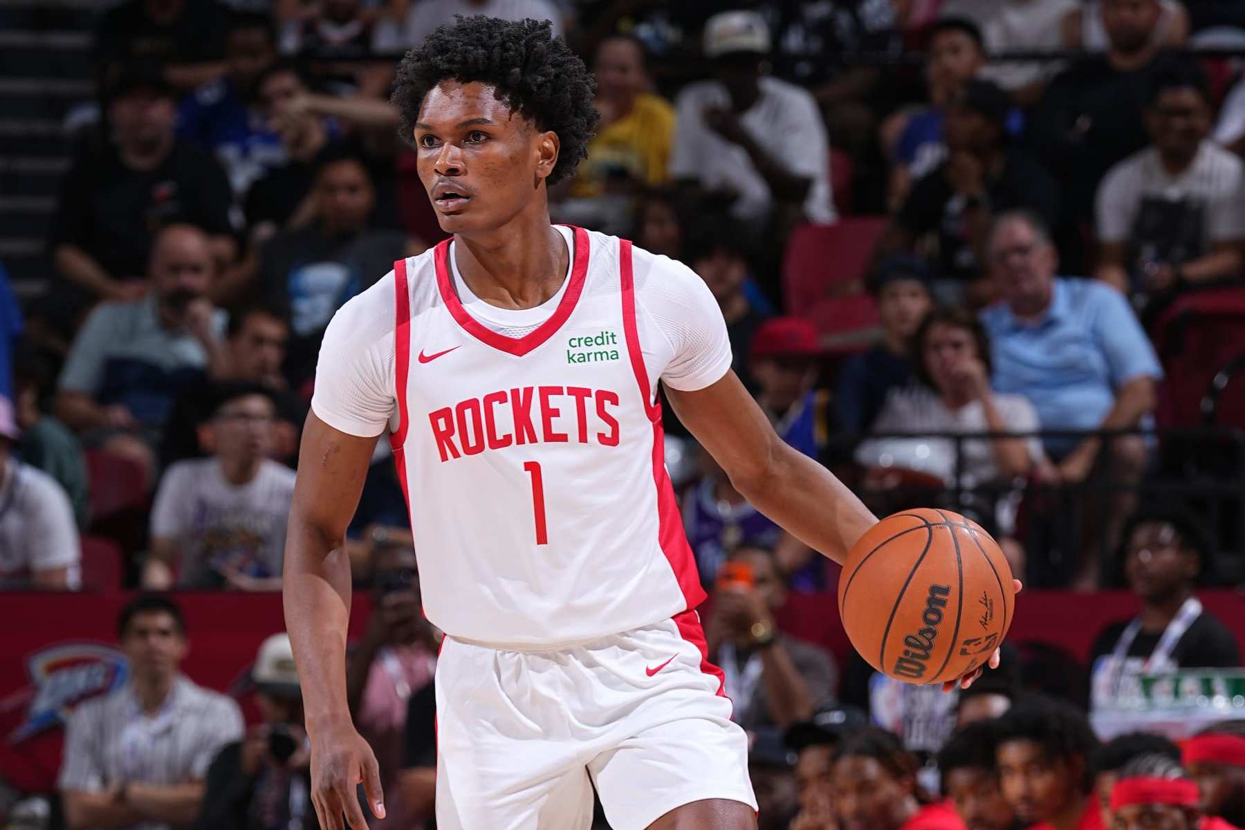 LAS VEGAS, NV - JULY 7: Amen Thompson #1 of the Houston Rockets dribbles the ball during the 2023 NBA Las Vegas Summer League on July 7, 2023 at the Thomas & Mack Center in Las Vegas, Nevada. NOTE TO USER: User expressly acknowledges and agrees that, by downloading and or using this photograph, User is consenting to the terms and conditions of the Getty Images License Agreement. Mandatory Copyright Notice: Copyright 2023 NBAE (Photo by Bart Young/NBAE via Getty Images)