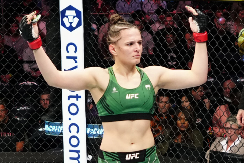 NEW YORK, NEW YORK - NOVEMBER 12: Erin Blanchfield celebrates after her submission victory over Molly McCann of England in a flyweight bout during the UFC 281 event at Madison Square Garden on November 12, 2022 in New York City. (Photo by Jeff Bottari/Zuffa LLC)
