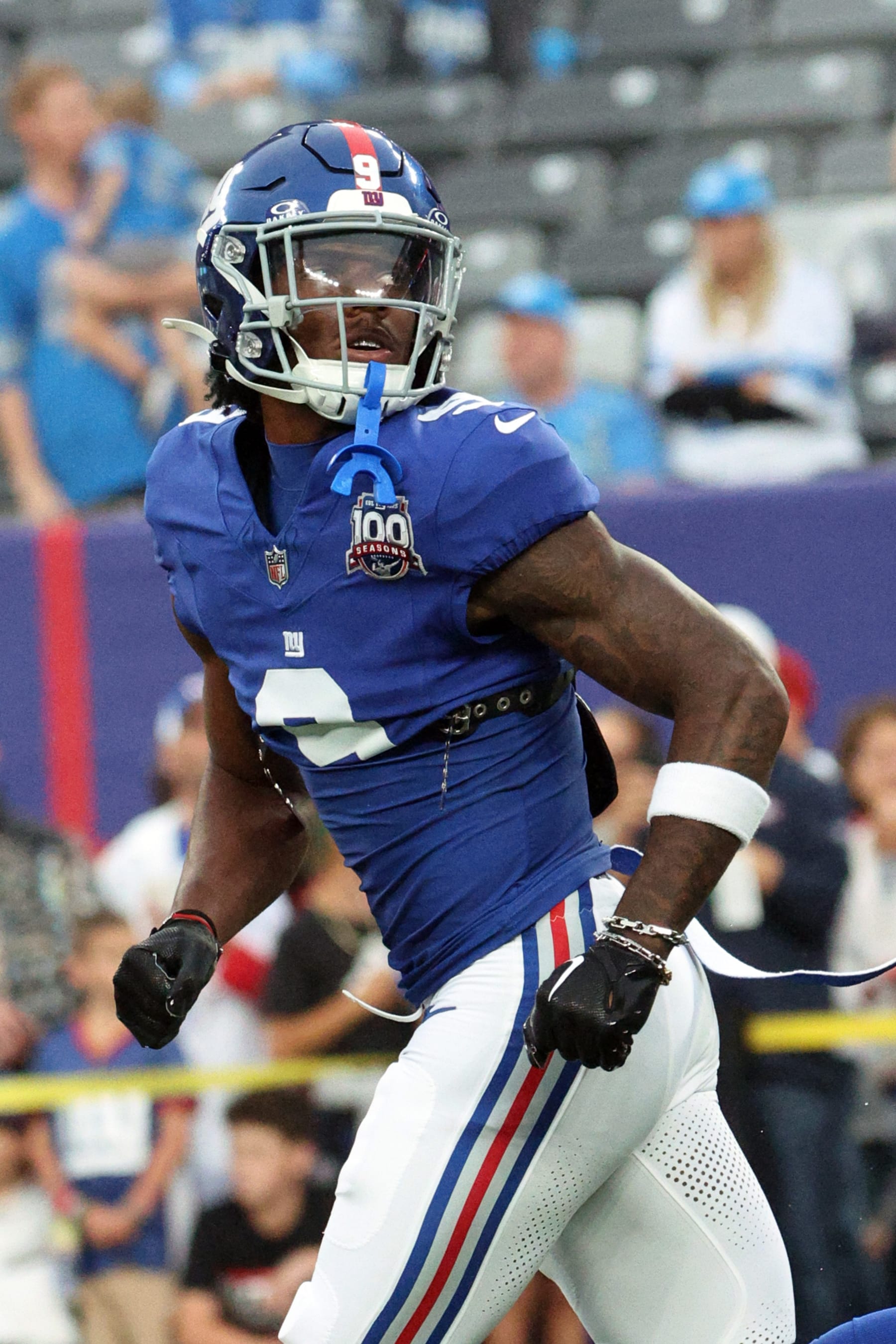 EAST RUTHERFORD, NEW JERSEY - AUGUST 08: Malik Nabers #9 of the New York Giants warms up before a preseason game against the Detroit Lions at MetLife Stadium on August 08, 2024 in East Rutherford, New Jersey. (Photo by Mike Coppola/Getty Images)