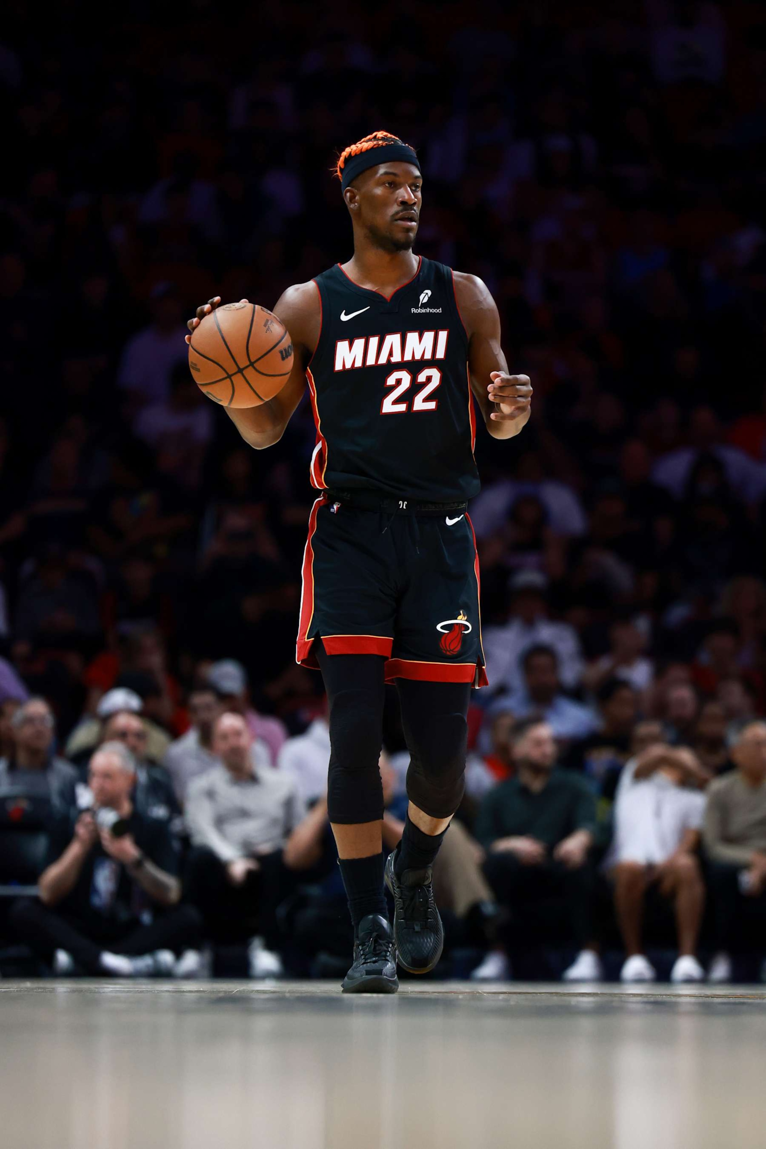 MIAMI, FLORIDA - DECEMBER 20: Jimmy Butler #22 of the Miami Heat controls the ball against the Oklahoma City Thunder during the first half at Kaseya Center on December 20, 2024 in Miami, Florida. <<enter caption here>> during the second half at Kaseya Center on December 04, 2024 in Miami, Florida.  NOTE TO USER: User expressly acknowledges and agrees that, by downloading and or using this Photograph, user is consenting to the terms and conditions of the Getty Images License Agreement. (Photo by Carmen Mandato/Getty Images)