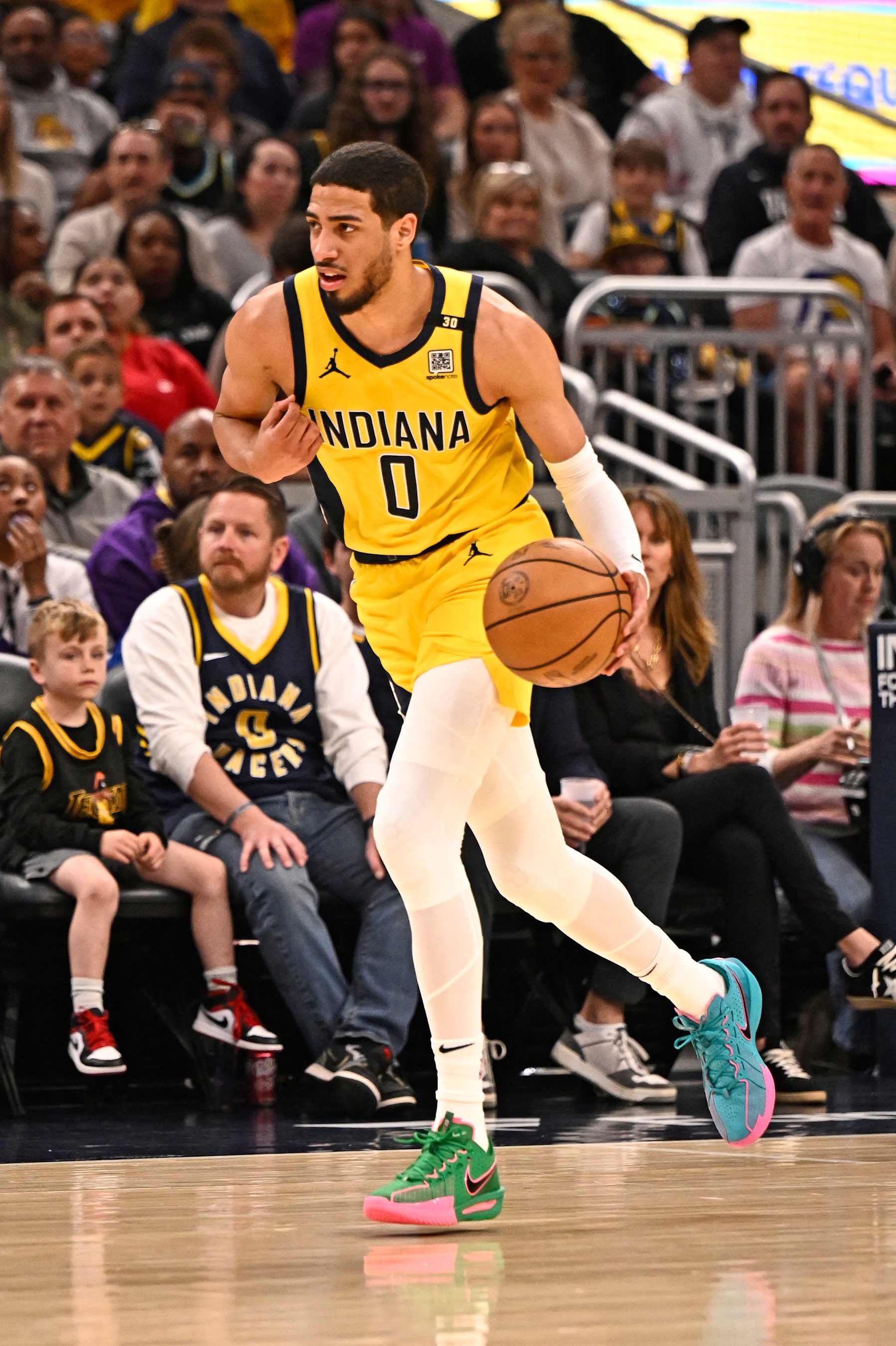 INDIANAPOLIS, IN - MARCH 29: Tyrese Haliburton #0 of the Indiana Pacers dribbles the ball during the game against the Los Angeles Lakers on March 24, 2024 at Gainbridge Fieldhouse in Indianapolis, Indiana. NOTE TO USER: User expressly acknowledges and agrees that, by downloading and or using this Photograph, user is consenting to the terms and conditions of the Getty Images License Agreement. Mandatory Copyright Notice: Copyright 2024 NBAE (Photo by David Dow/NBAE via Getty Images)