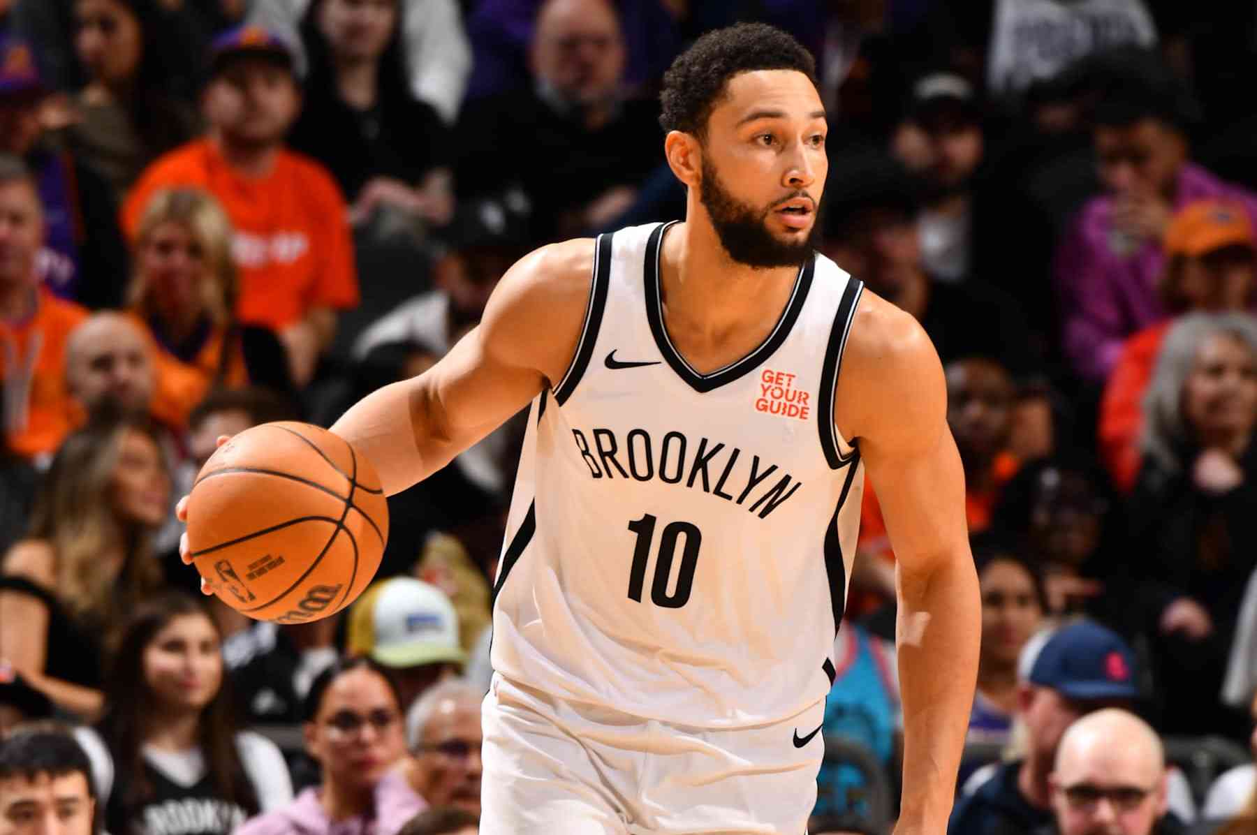 PHOENIX, AZ - NOVEMBER 27: Ben Simmons #10 of the Brooklyn Nets dribbles the ball during the game against the Phoenix Suns on November 27, 2024 at Footprint Center in Phoenix, Arizona. NOTE TO USER: User expressly acknowledges and agrees that, by downloading and or using this photograph, user is consenting to the terms and conditions of the Getty Images License Agreement. Mandatory Copyright Notice: Copyright 2024 NBAE (Photo by Barry Gossage/NBAE via Getty Images)