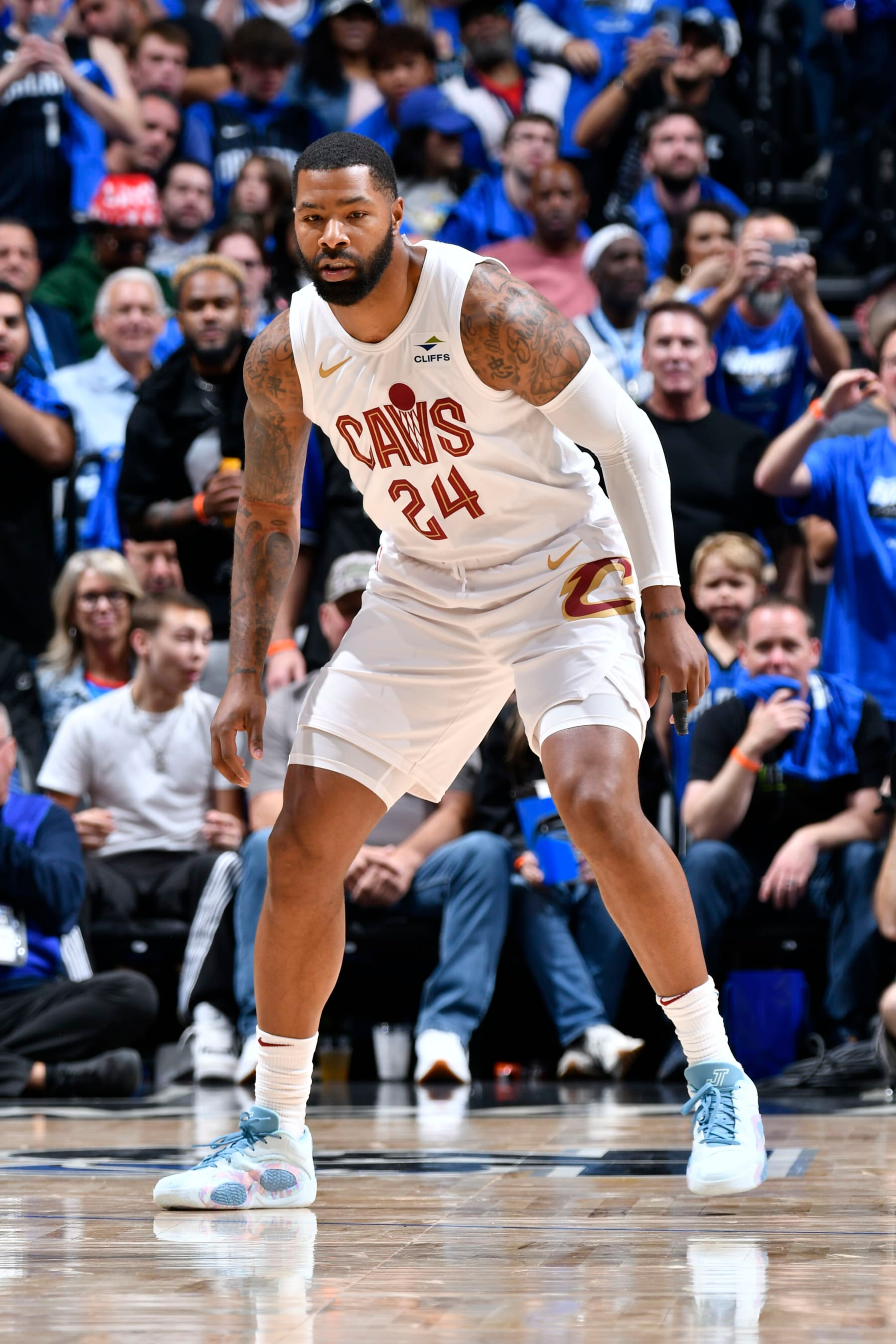 ORLANDO, FL - APRIL 25: Marcus Morris Sr. #24 of the of the Cleveland Cavaliers looks on during the game against the Orlando Magic during Round 1 Game 3 of the 2024 NBA Playoffs on April 25, 2024 at Kia Center in Orlando, Florida. NOTE TO USER: User expressly acknowledges and agrees that, by downloading and or using this photograph, User is consenting to the terms and conditions of the Getty Images License Agreement. Mandatory Copyright Notice: Copyright 2023 NBAE (Photo by Fernando Medina/NBAE via Getty Images)