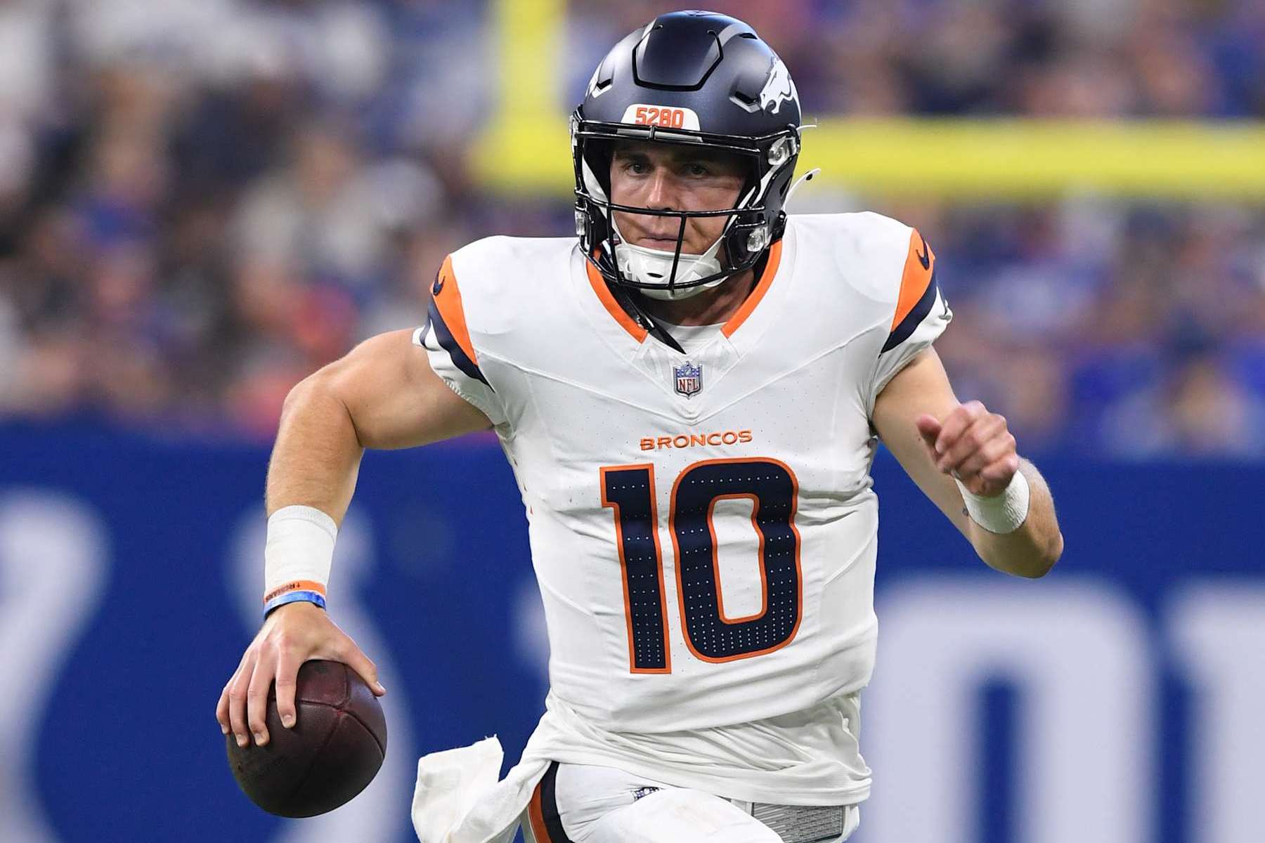 INDIANAPOLIS, IN - AUGUST 11: Denver Broncos Quarterback Bo Nix (10) scrambles during the NFL Preseason game between the Denver Broncos and the Indianapolis Colts on August 11, 2024, at Lucas Oil Stadium in Indianapolis, Indiana. (Photo by Michael Allio/Icon Sportswire via Getty Images)