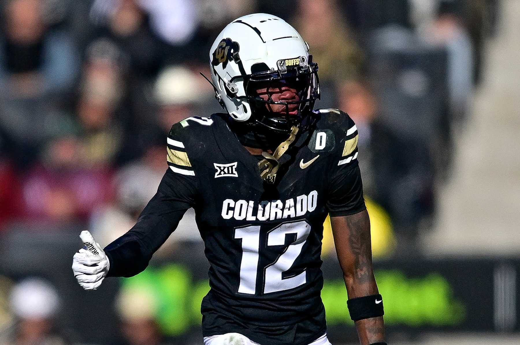 BOULDER, CO - NOVEMBER 29:  Travis Hunter #12 of the Colorado Buffaloes lines up on offense in the second quarter against the Oklahoma State Cowboys at Folsom Field on November 29, 2024 in Boulder, Colorado. (Photo by Dustin Bradford/Getty Images)