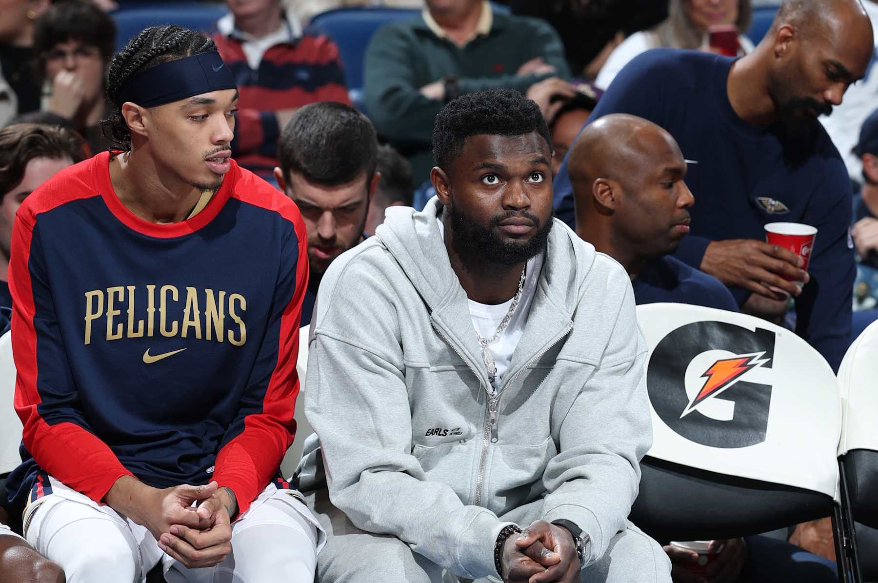 NEW ORLEANS, LA - DECEMBER 26: Zion Williamson #1 of the New Orleans Pelicans looks on during the game against the Houston Rockets on December 26, 2024 at the Smoothie King Center in New Orleans, Louisiana. NOTE TO USER: User expressly acknowledges and agrees that, by downloading and or using this Photograph, user is consenting to the terms and conditions of the Getty Images License Agreement. Mandatory Copyright Notice: Copyright 2024 NBAE (Photo by Jeff Haynes/NBAE via Getty Images)