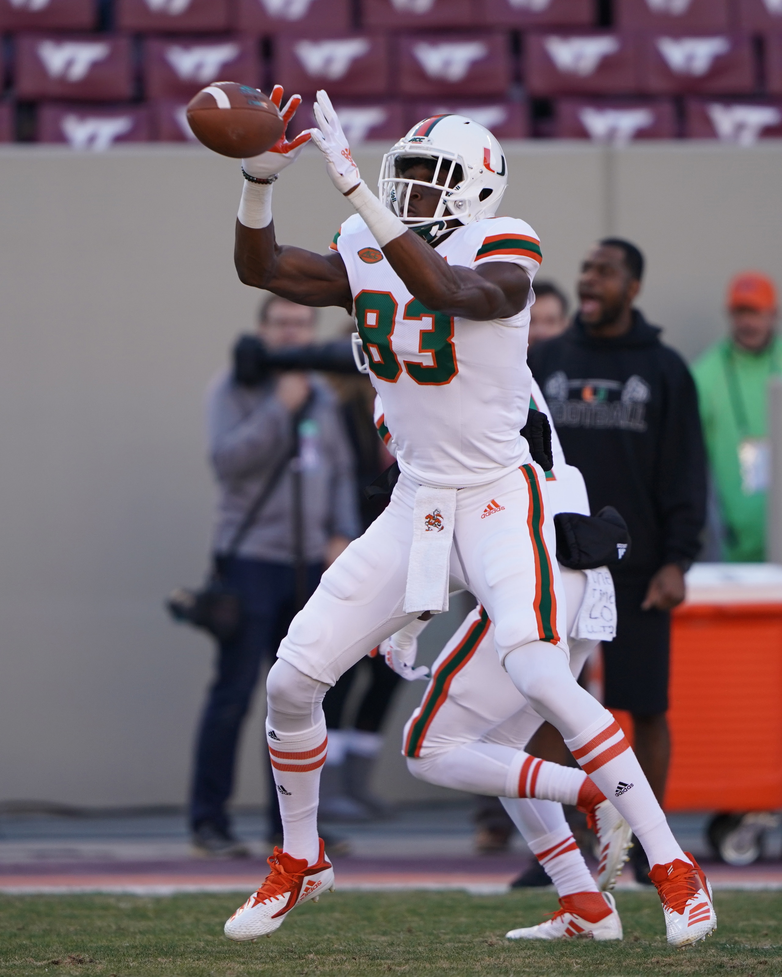 BLACKSBURG, VA - NOVEMBER 17:Miami Hurricanes Wide Receiver Evidence Njoku (83) catches a pass during warm ups prior to the Miami Hurricanes versus the Virginia Tech Hokies game on November 17, 2018, at Lane Stadium in Blacksburg, VA. (Photo by Gregory Fisher/Icon Sportswire via Getty Images)