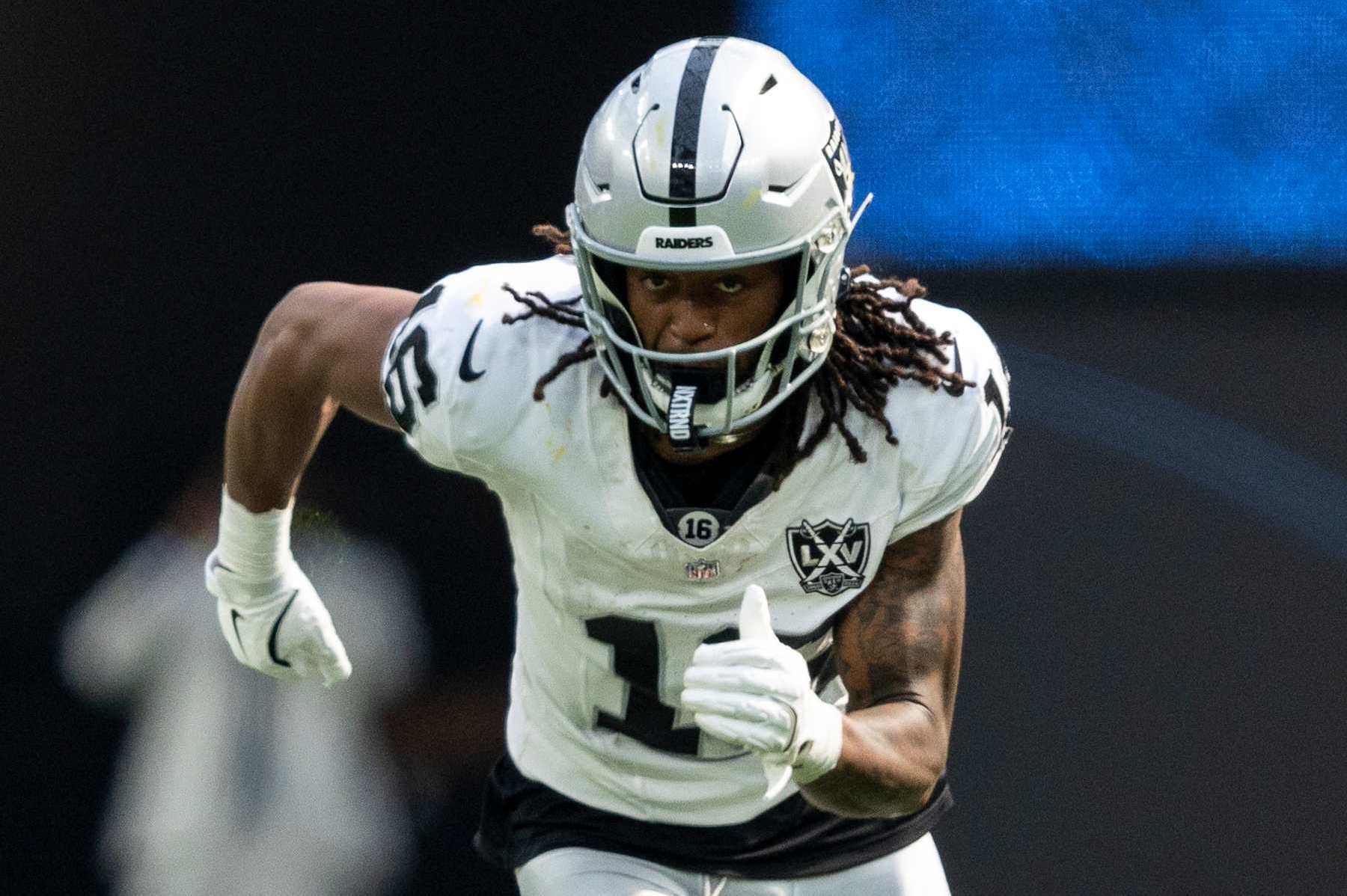 INGLEWOOD, CALIFORNIA - SEPTEMBER 08: Jakobi Meyers #16 of the Las Vegas Raiders runs a route during an NFL football game between the Los Angeles Chargers and the Las Vegas Raiders at SoFi Stadium on September 08, 2024 in Inglewood, California. (Photo by Michael Owens/Getty Images)
