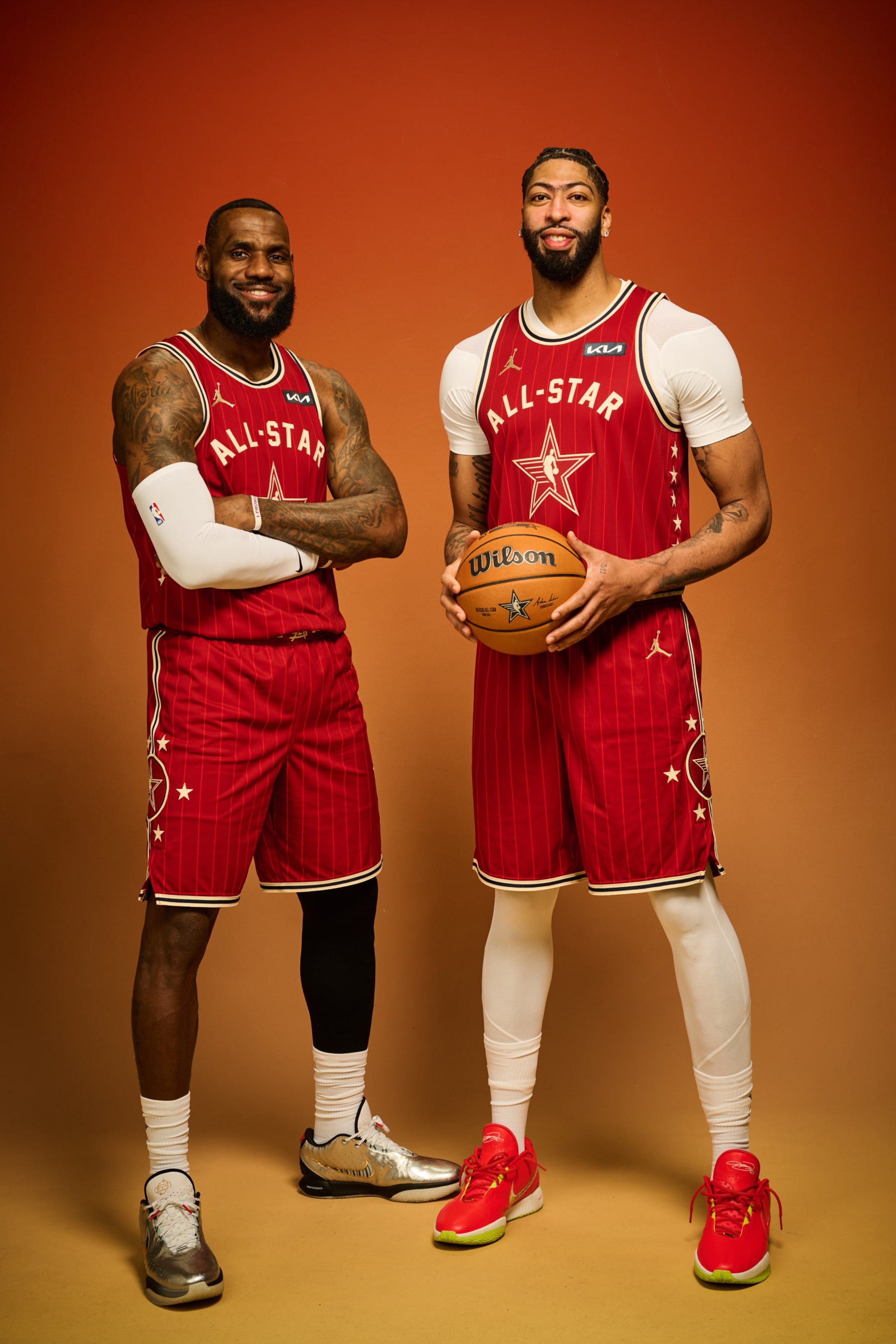 INDIANAPOLIS, IN - FEBRUARY 18: LeBron James #23 and Anthony Davis #3 of the Western Conference pose for a photo prior to the 2024 73rd NBA All-Star Game on Sunday, February 18, 2024 at Gainbridge Fieldhouse in Indianapolis, Indiana. NOTE TO USER: User expressly acknowledges and agrees that, by downloading and/or using this Photograph, user is consenting to the terms and conditions of the Getty Images License Agreement. Mandatory Copyright Notice: Copyright 2024 NBAE (Photo by Jennifer Pottheiser/NBAE via Getty Images)