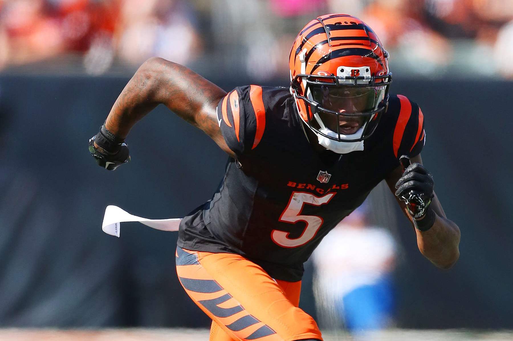 CINCINNATI, OH - OCTOBER 06 - Cincinnati Bengals wide receiver Tee Higgins (5) in a game between the Baltimore Ravens and the Cincinnati Bengals at Paycor Stadium on Sunday, October 6, 2024. (Photo by Jeff Moreland/Icon Sportswire via Getty Images)