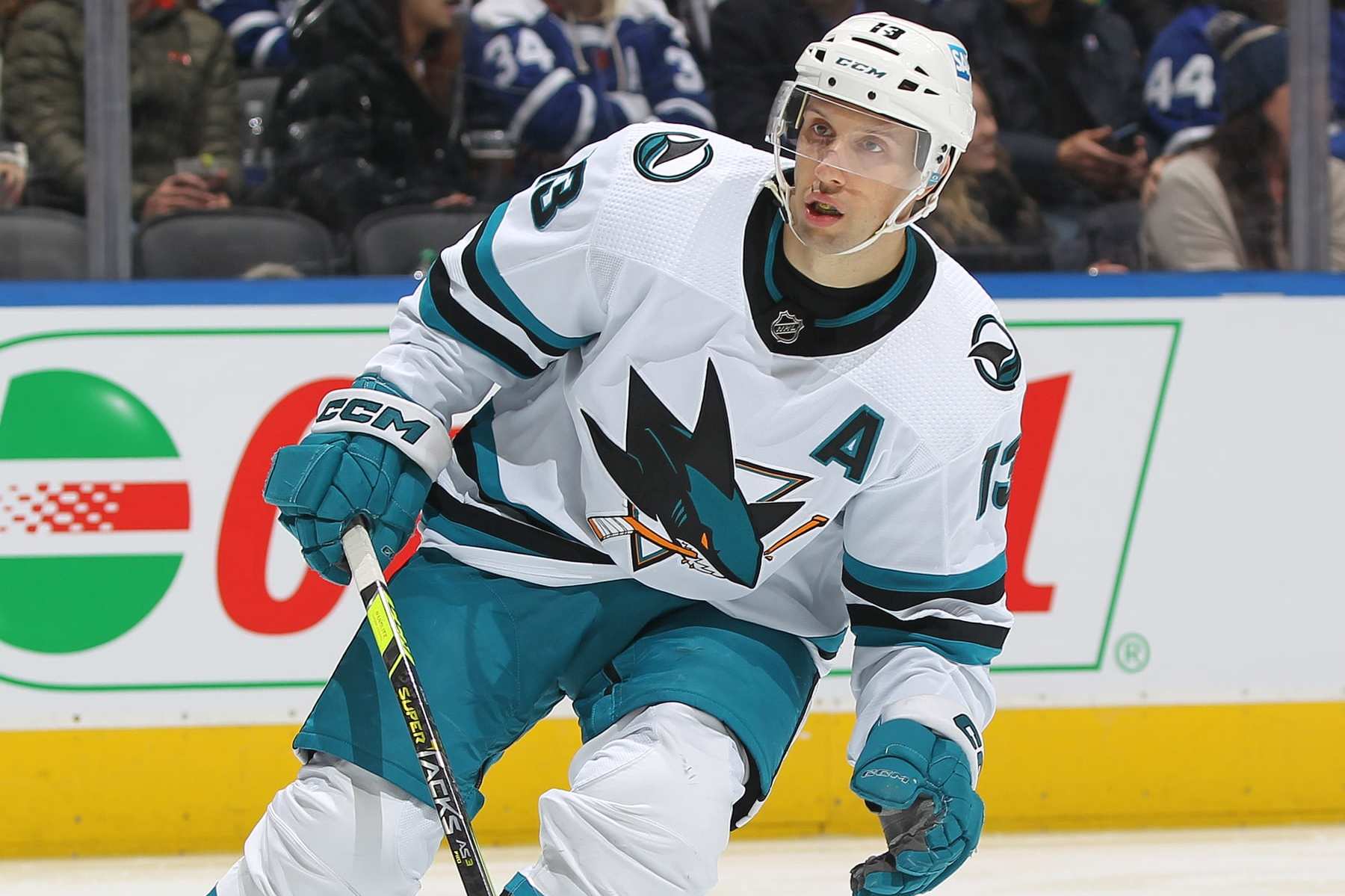 TORONTO, CANADA - NOVEMBER 30:  Nick Bonino #13 of the San Jose Sharks skates against the Toronto Maple Leafs during an NHL game at Scotiabank Arena on November 30, 2022 in Toronto, Ontario, Canada. The Maple Leafs defeated the Sharks 3-1. (Photo by Claus Andersen/Getty Images)