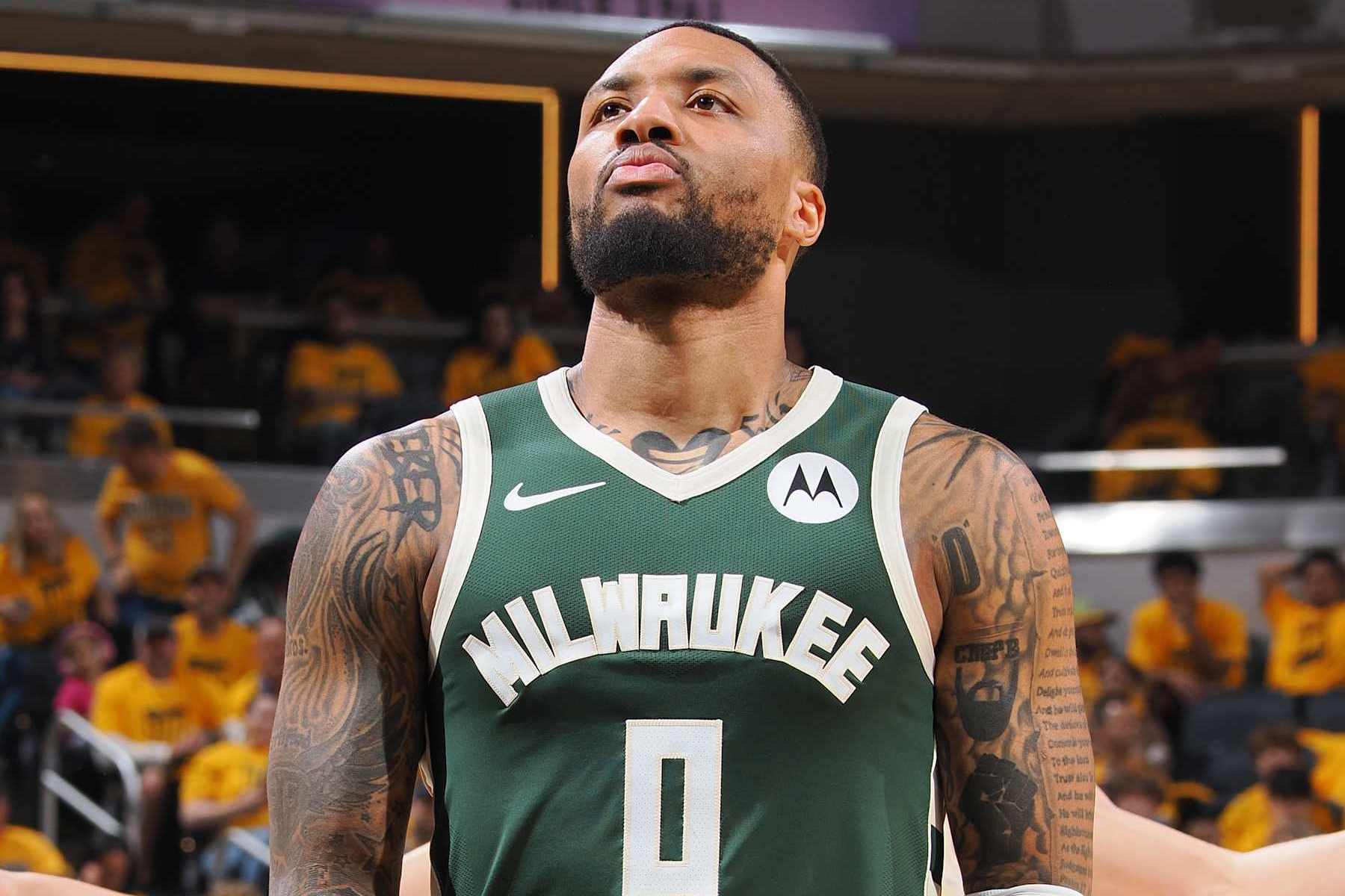 INDIANAPOLIS, IN - MAY 2:  Damian Lillard #0 of the Milwaukee Bucks shoots a free throw during the game against the Indiana Pacers during Round 1 Game 6 of the 2024 NBA Playoffs on May 2, 2024 at Gainbridge Fieldhouse in Indianapolis, Indiana. NOTE TO USER: User expressly acknowledges and agrees that, by downloading and or using this Photograph, user is consenting to the terms and conditions of the Getty Images License Agreement. Mandatory Copyright Notice: Copyright 2024 NBAE (Photo by Ron Hoskins/NBAE via Getty Images)