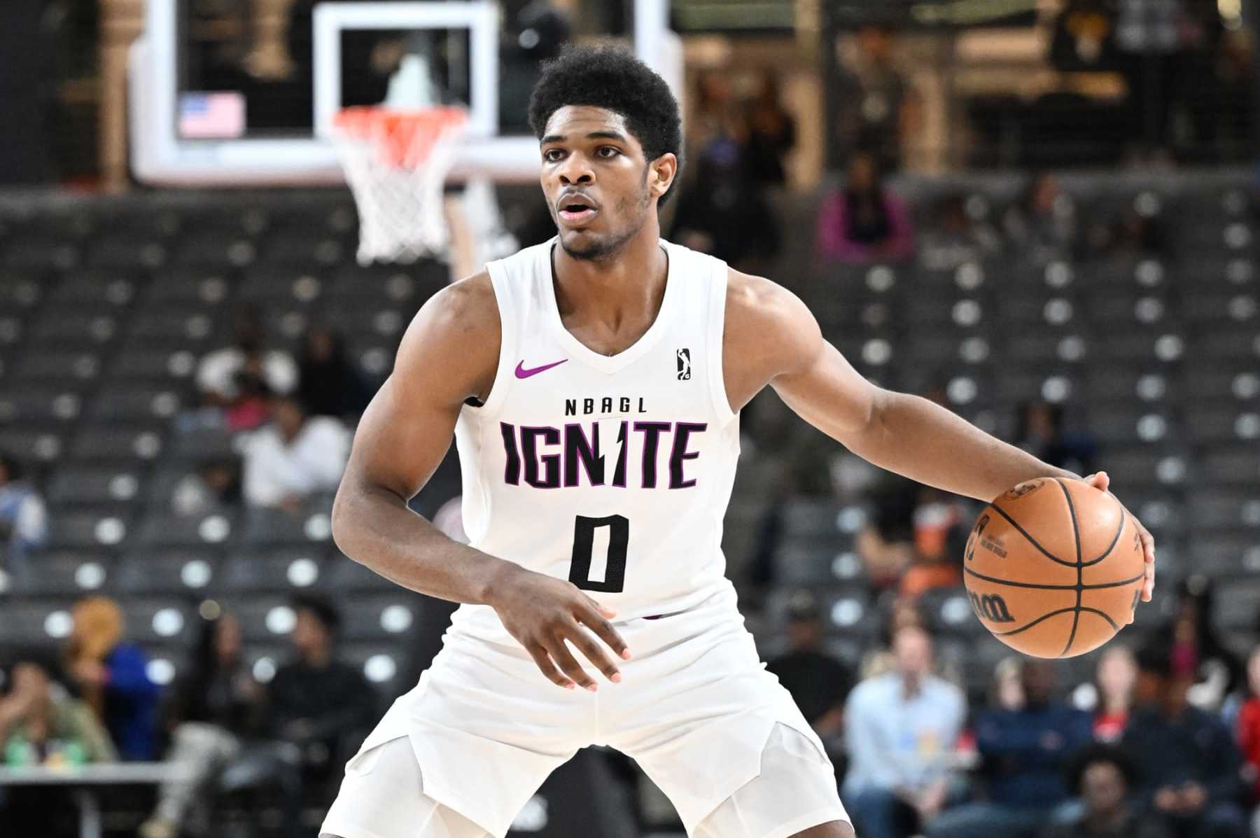 COLLEGE PARK, GA - MARCH 8th: Scoot Henderson #0 of the G-League Ignite handles the ball against the College Park Skyhawks on March 8th, 2023 at Gateway Center Arena in College Park, Georgia. NOTE TO USER: User expressly acknowledges and agrees that, by downloading and or using this photograph, user is consenting to the terms and conditions of Getty Images License Agreement. Mandatory Copyright Notice: Copyright 2023 NBAE (Photo by Adam Hagy/NBAE via Getty Images) COLLEGE PARK, GA - MARCH 8th: Scoot Henderson #0 of the G-League Ignite handles the ball against the College Park Skyhawks on March 8th, 2023 at Gateway Center Arena in College Park, Georgia. NOTE TO USER: User expressly acknowledges and agrees that, by downloading and or using this photograph, user is consenting to the terms and conditions of Getty Images License Agreement. Mandatory Copyright Notice: Copyright 2023 NBAE (Photo by Adam Hagy/NBAE via Getty Images)